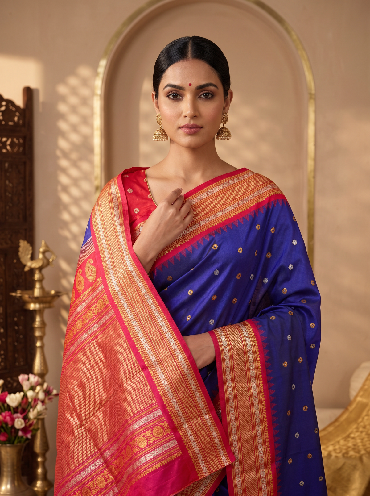 Like sunlight spun into silk, this golden Gadwal blooms with delicate vines, framed by a Kanchi-style border where meenakari medallions and paisleys glow like jewels.