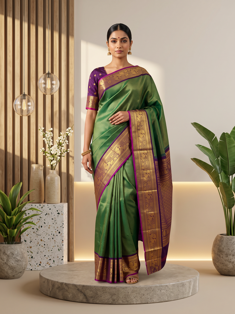 Monsoon green, royal purple, a magenta spark, and peacocks in gold between them. Handloom Gadwal silk.