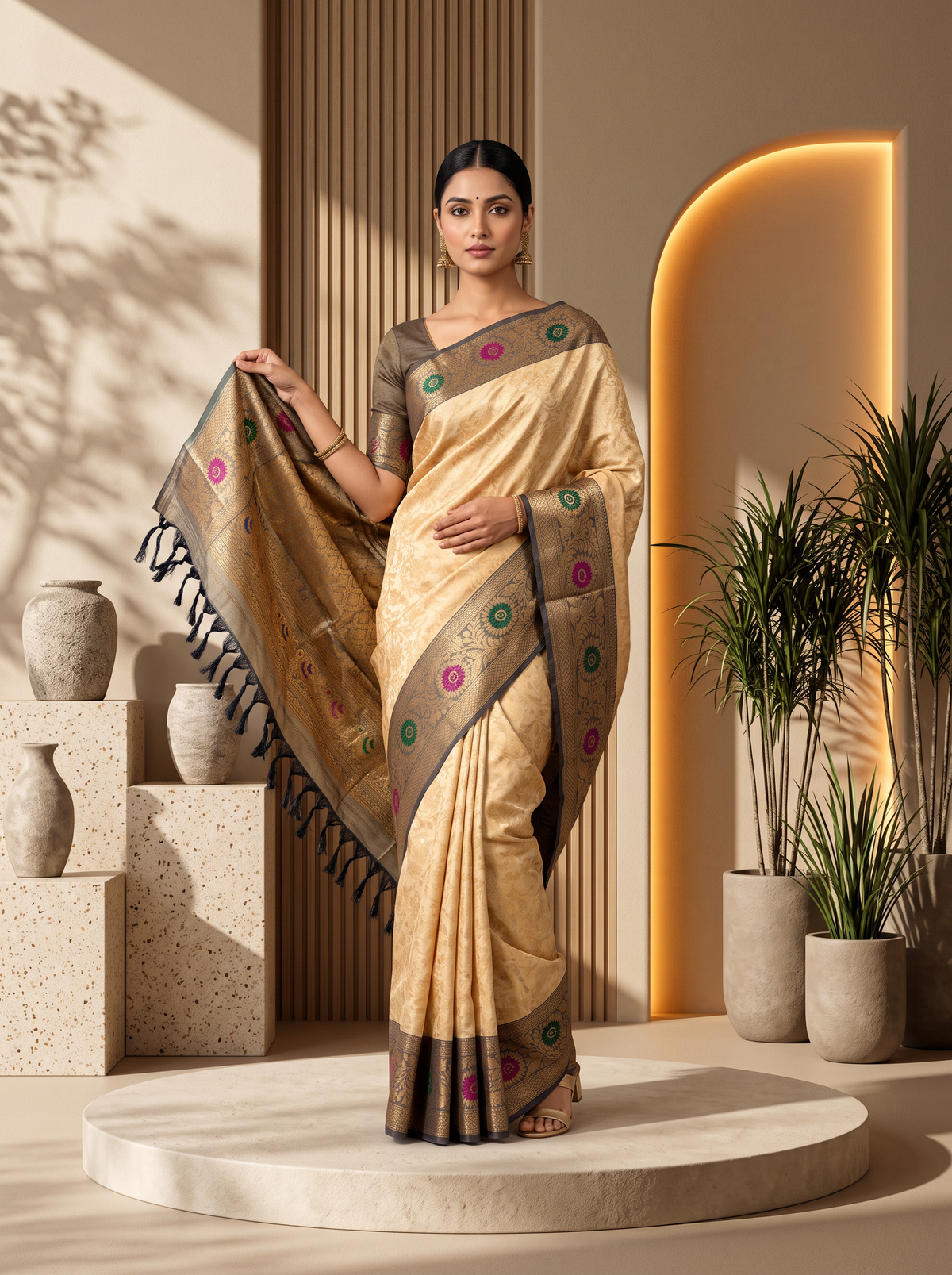 Like a temple courtyard at sunrise, golden silk glows with brocade blossoms and opens into a Kanchi-style border where gold lattice and meenakari flowers catch the light. Handloom Gadwal.
