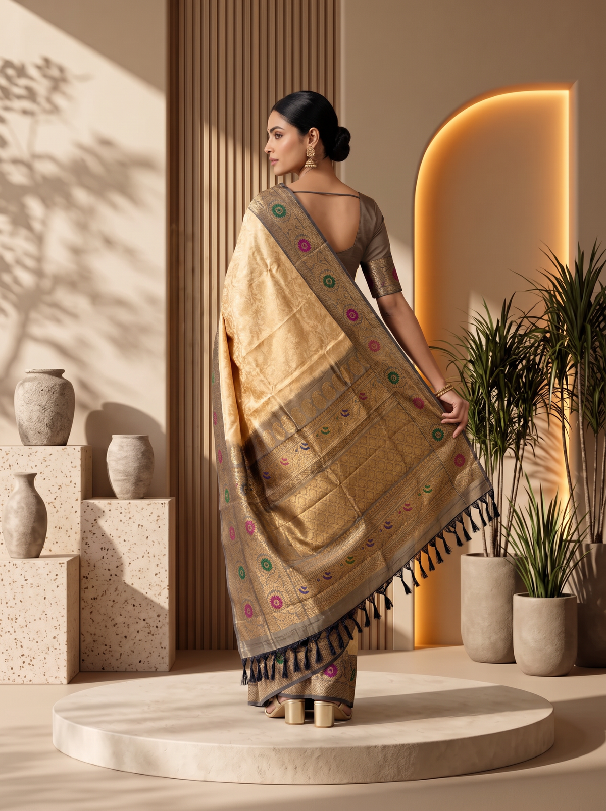Like a temple courtyard at sunrise, golden silk glows with brocade blossoms and opens into a Kanchi-style border where gold lattice and meenakari flowers catch the light. Handloom Gadwal.