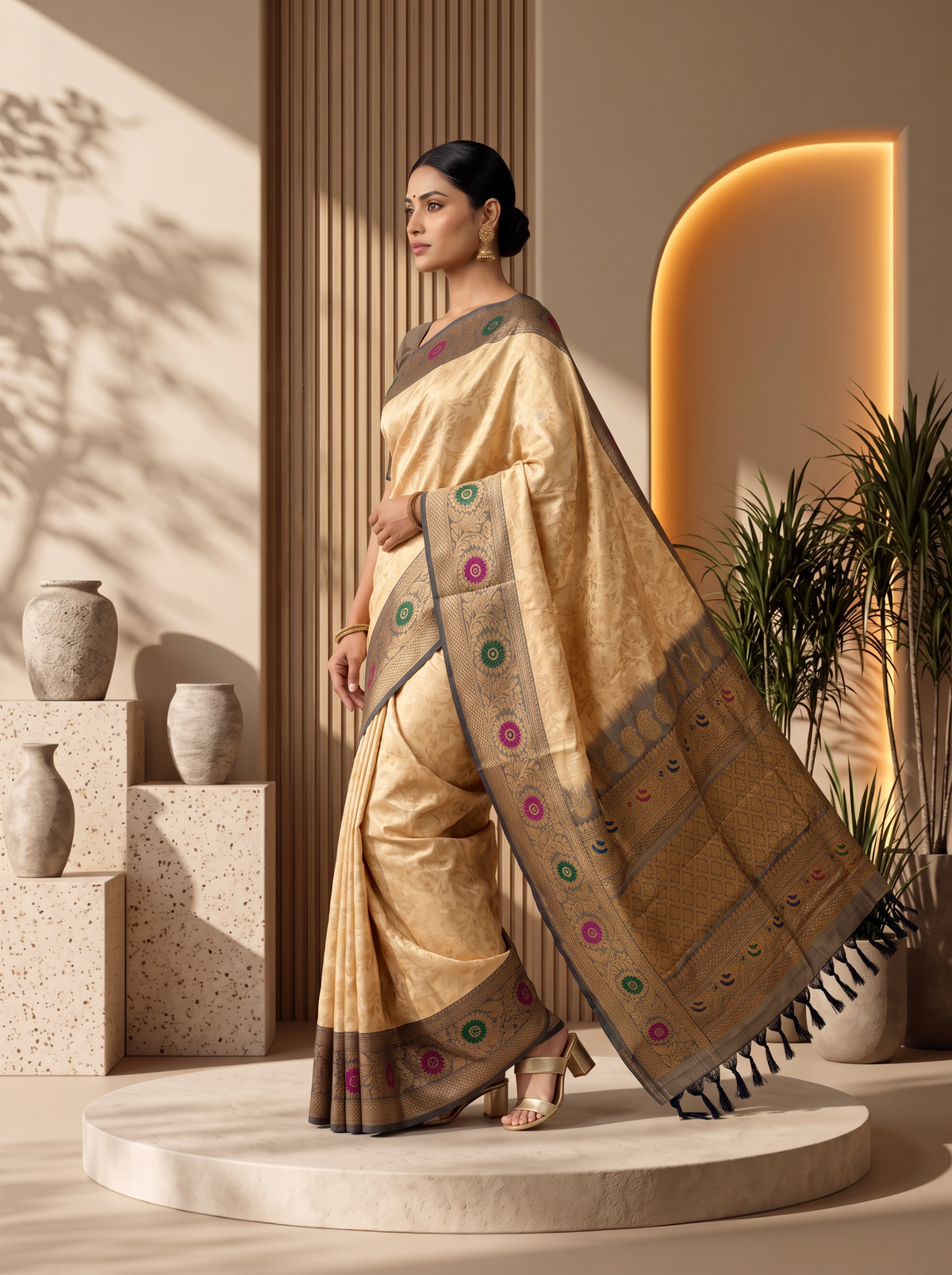 Like a temple courtyard at sunrise, golden silk glows with brocade blossoms and opens into a Kanchi-style border where gold lattice and meenakari flowers catch the light. Handloom Gadwal.