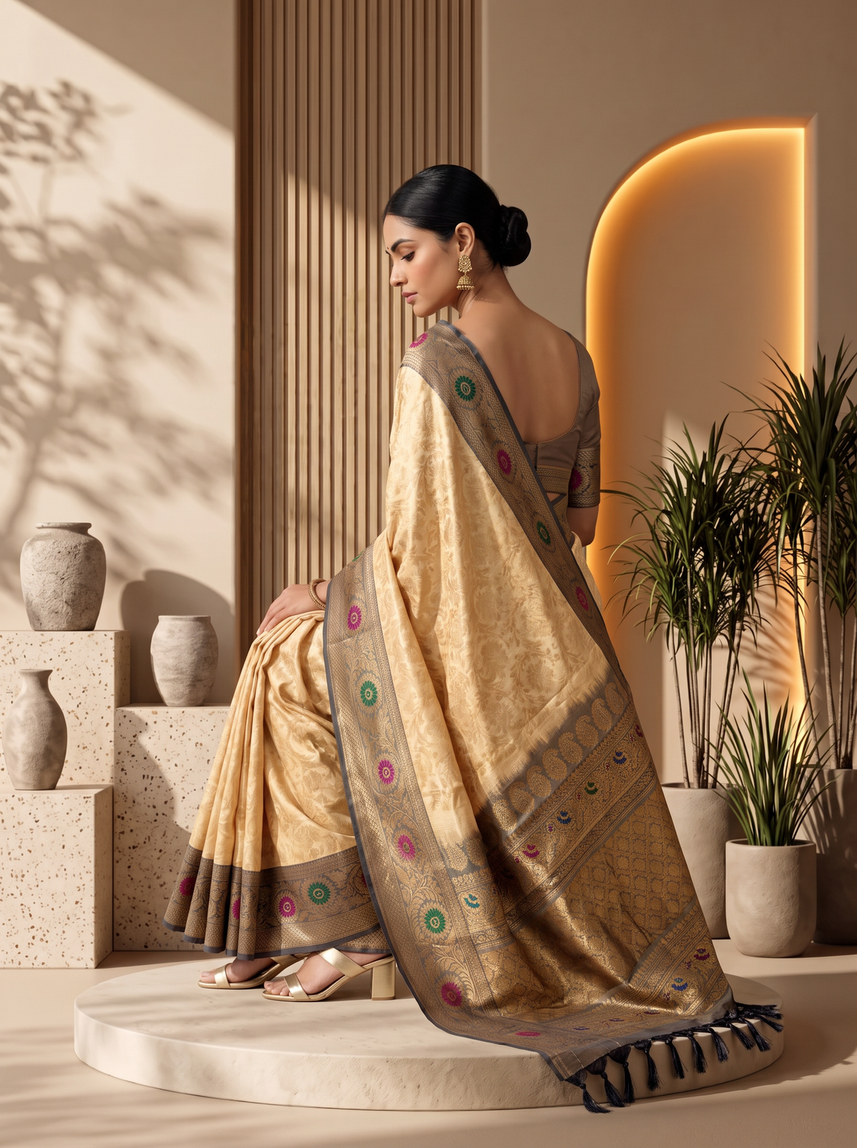 Like a temple courtyard at sunrise, golden silk glows with brocade blossoms and opens into a Kanchi-style border where gold lattice and meenakari flowers catch the light. Handloom Gadwal.