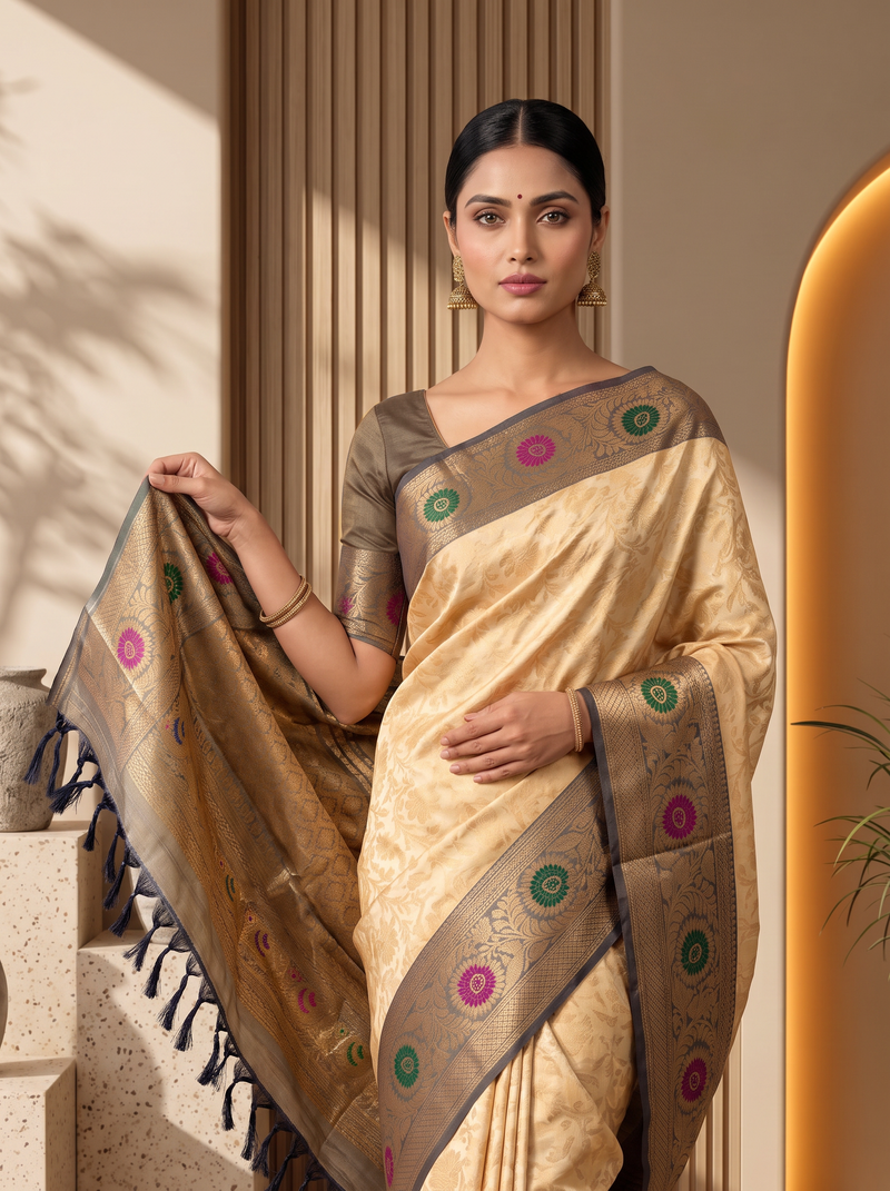 Like a temple courtyard at sunrise, golden silk glows with brocade blossoms and opens into a Kanchi-style border where gold lattice and meenakari flowers catch the light. Handloom Gadwal.