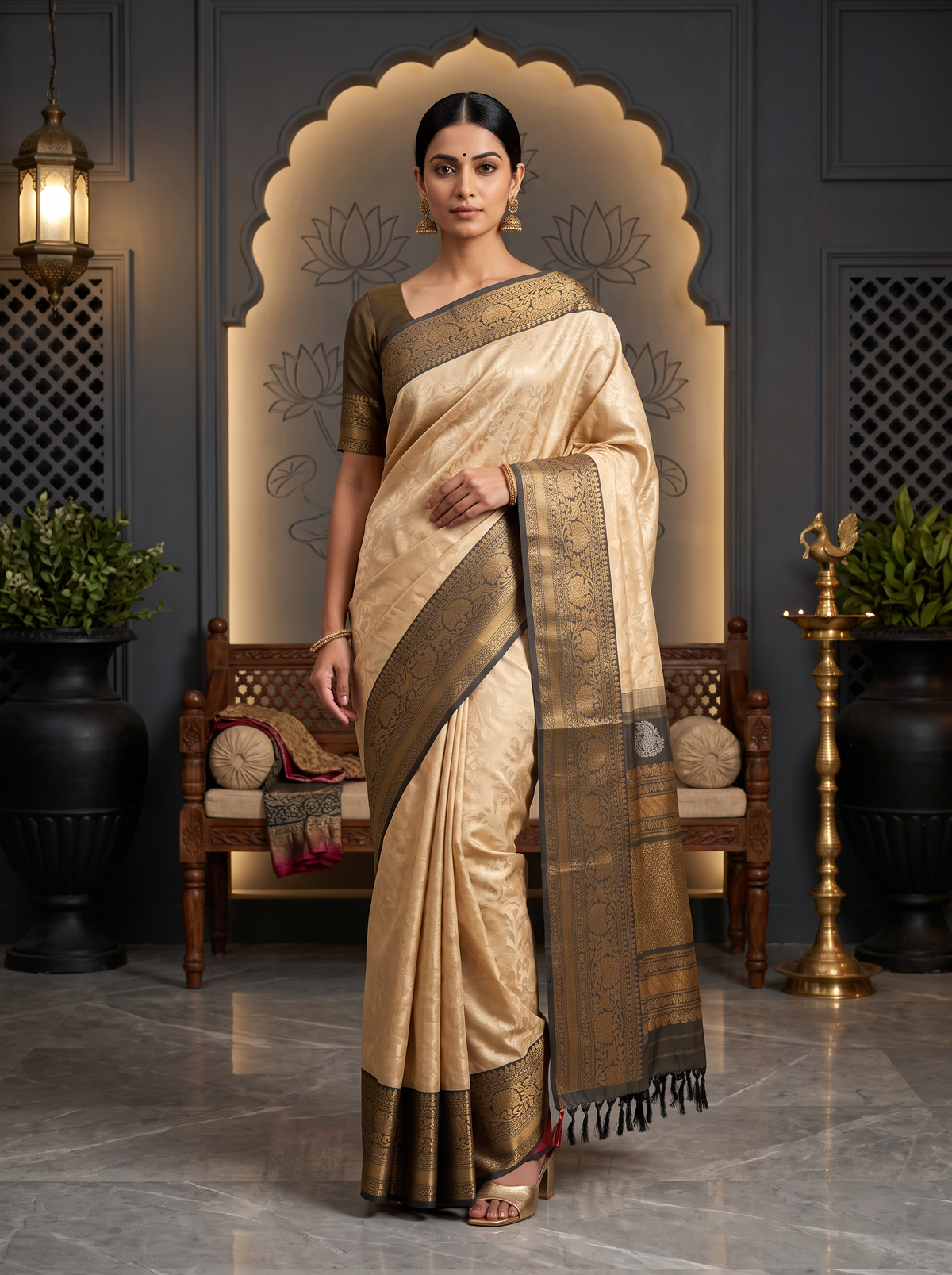 Like morning light on stone, soft cream meets warm grey, lit by a coral red edge and a shimmering gold zari jaal. Handloom Gadwal silk.