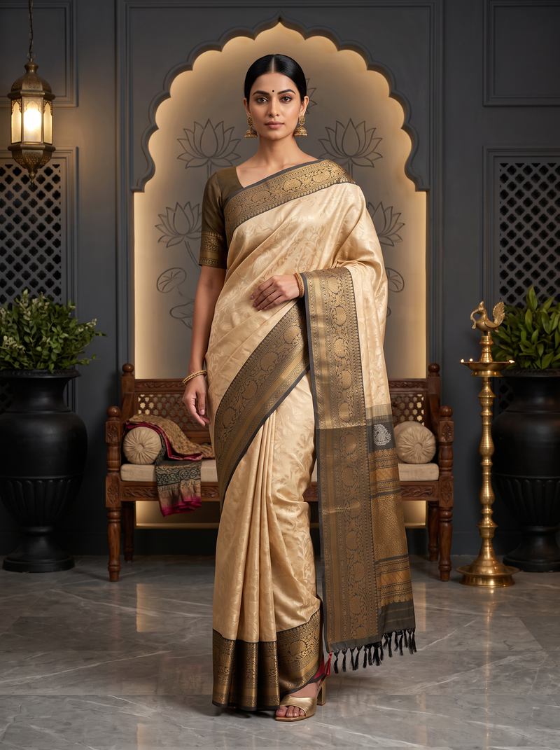 Like morning light on stone, soft cream meets warm grey, lit by a coral red edge and a shimmering gold zari jaal. Handloom Gadwal silk.