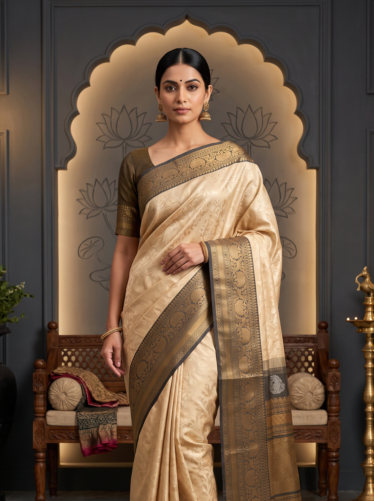 Like morning light on stone, soft cream meets warm grey, lit by a coral red edge and a shimmering gold zari jaal. Handloom Gadwal silk.