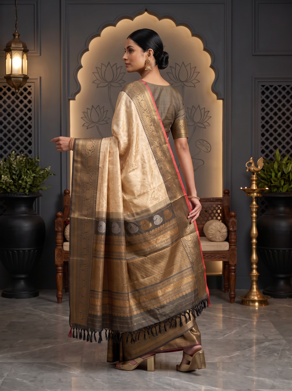 Like morning light on stone, soft cream meets warm grey, lit by a coral red edge and a shimmering gold zari jaal. Handloom Gadwal silk.