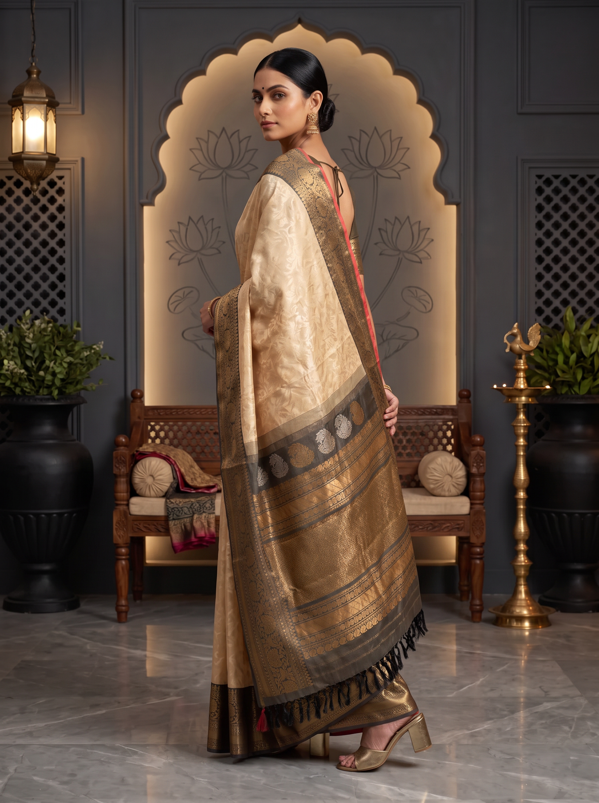 Like morning light on stone, soft cream meets warm grey, lit by a coral red edge and a shimmering gold zari jaal. Handloom Gadwal silk.