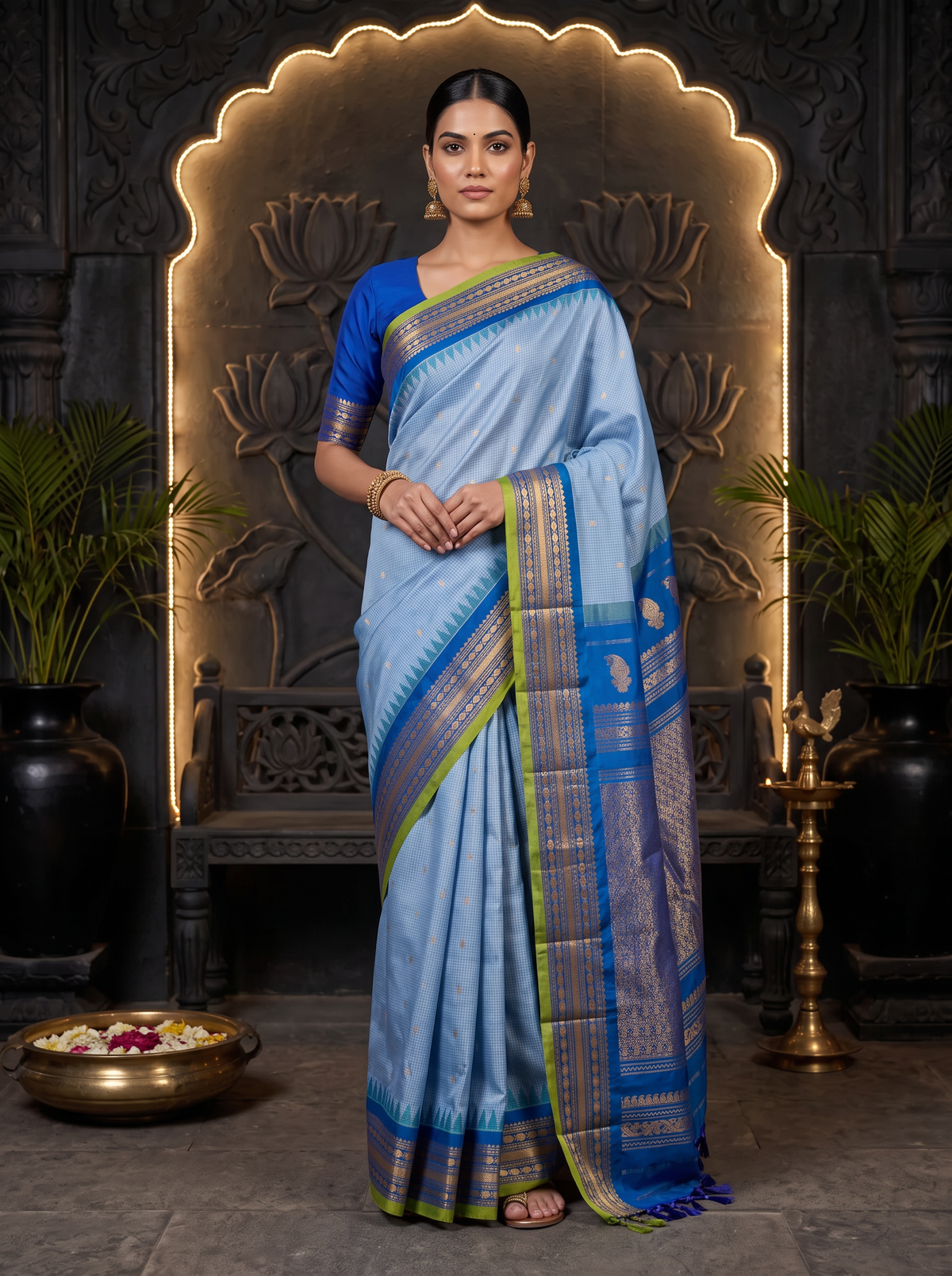 Soft as a morning sky, powder blue silk scattered with gold, deepening into royal blue where zari peacocks rest in a golden jaal. Handloom Gadwal.