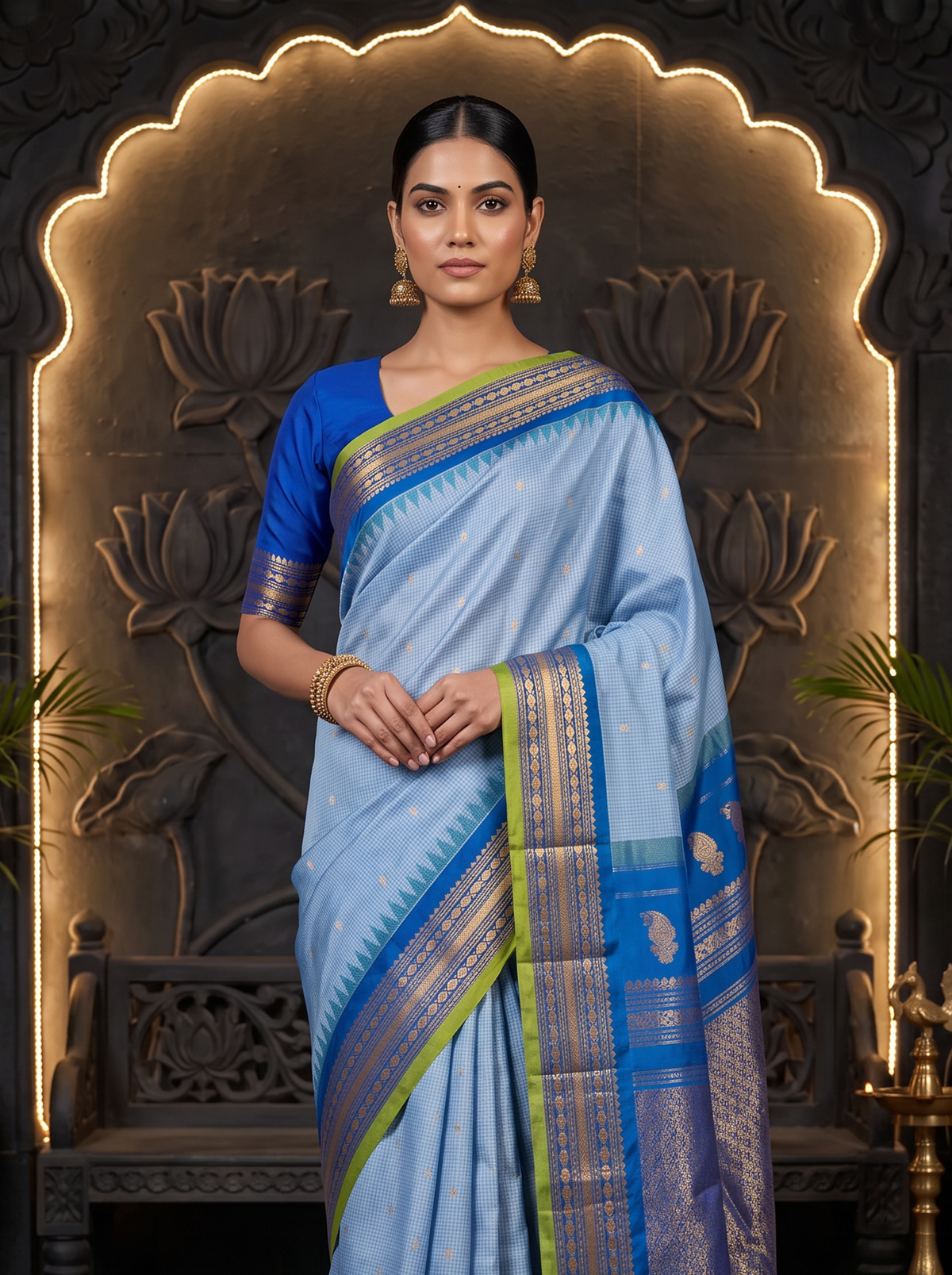 Soft as a morning sky, powder blue silk scattered with gold, deepening into royal blue where zari peacocks rest in a golden jaal. Handloom Gadwal.