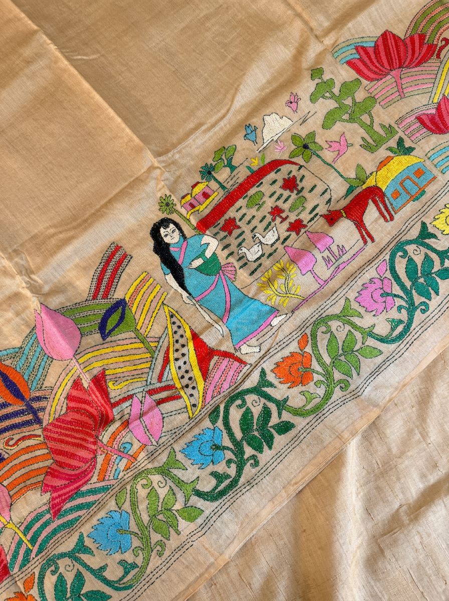 In Bengal, silk remembers the forest and thread remembers the hands. Here, pure Gachi Tussar meets Kantha embroidery, and every saree becomes a story you can wear.