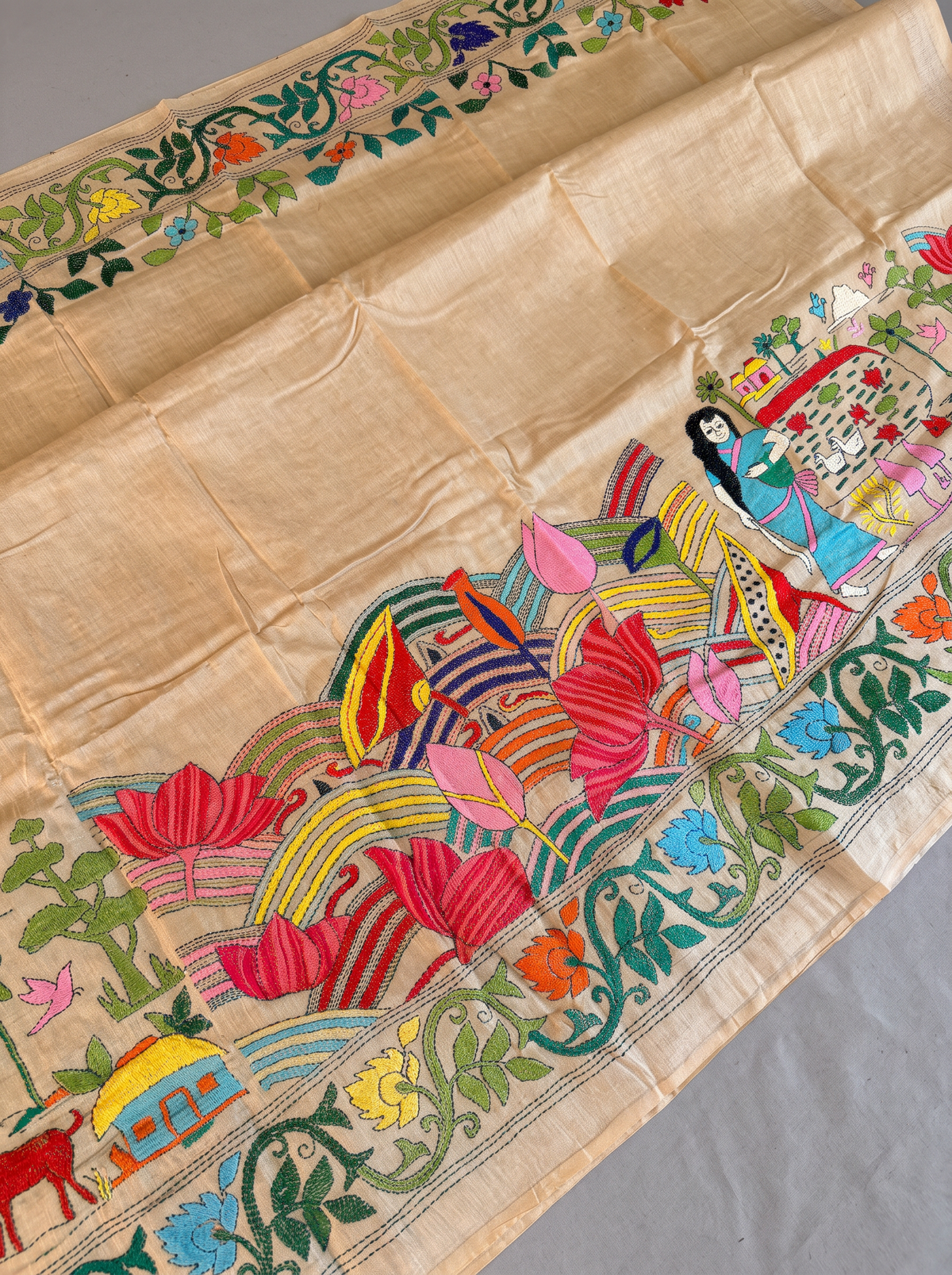 In Bengal, silk remembers the forest and thread remembers the hands. Here, pure Gachi Tussar meets Kantha embroidery, and every saree becomes a story you can wear.