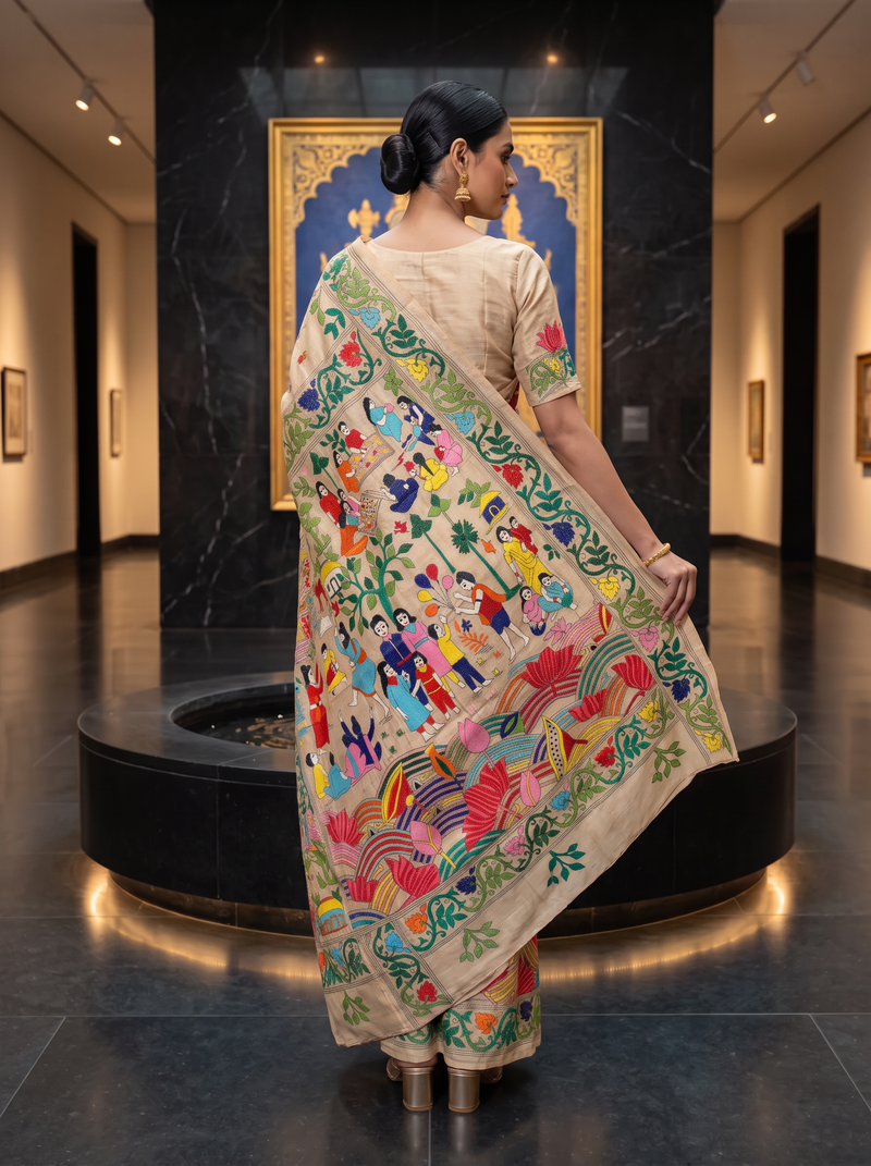 In Bengal, silk remembers the forest and thread remembers the hands. Here, pure Gachi Tussar meets Kantha embroidery, and every saree becomes a story you can wear.