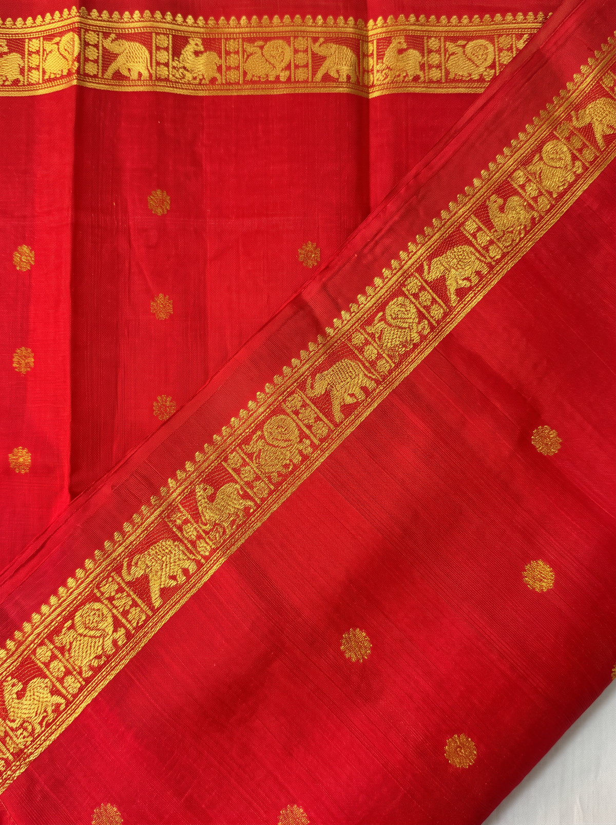A timeless bridal red, glinting with gold. Handloom Gadwal silk with delicate buttis and a golden jaal border and pallu.