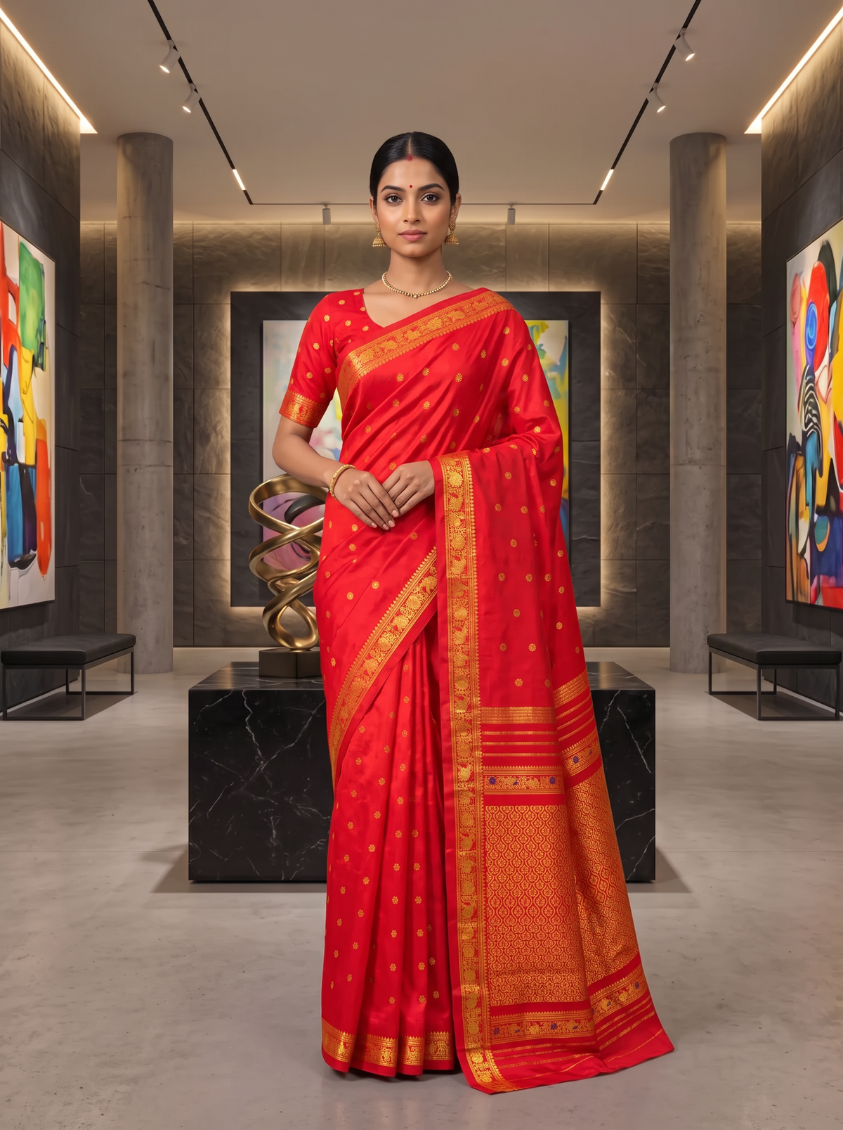 A timeless bridal red, glinting with gold. Handloom Gadwal silk with delicate buttis and a golden jaal border and pallu.
