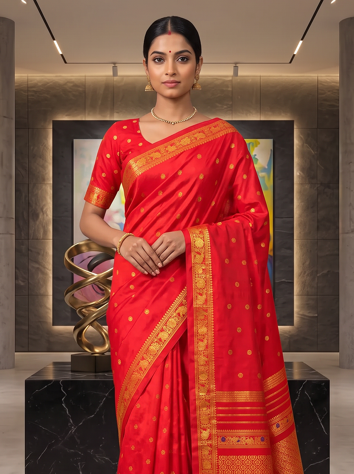 A timeless bridal red, glinting with gold. Handloom Gadwal silk with delicate buttis and a golden jaal border and pallu.