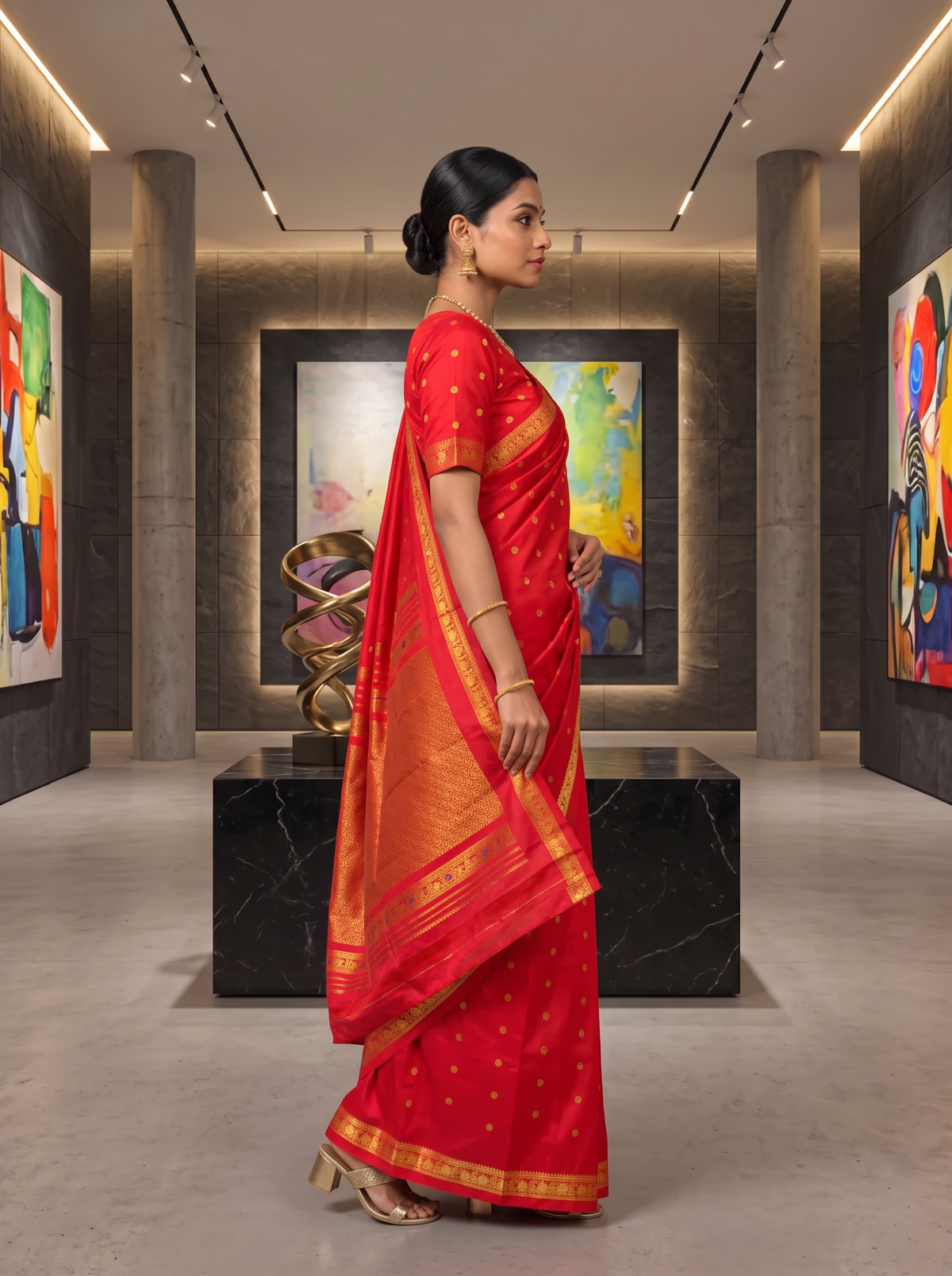 A timeless bridal red, glinting with gold. Handloom Gadwal silk with delicate buttis and a golden jaal border and pallu.