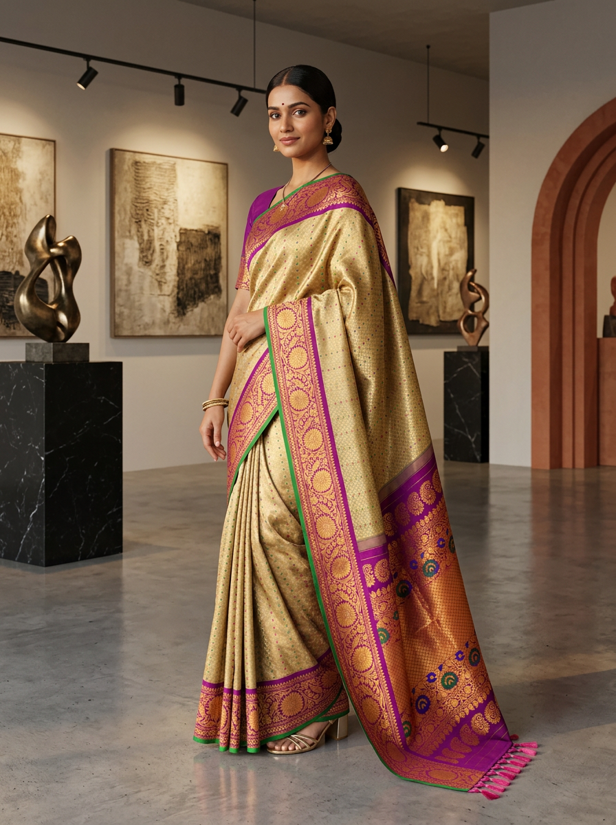 Gold-beige brocade melting into royal purple. A Kanchi-style border strewn with jewel-bright meenakari paisleys. Handwoven Gadwal silk from Telangana, as timeless as the looms that made it.