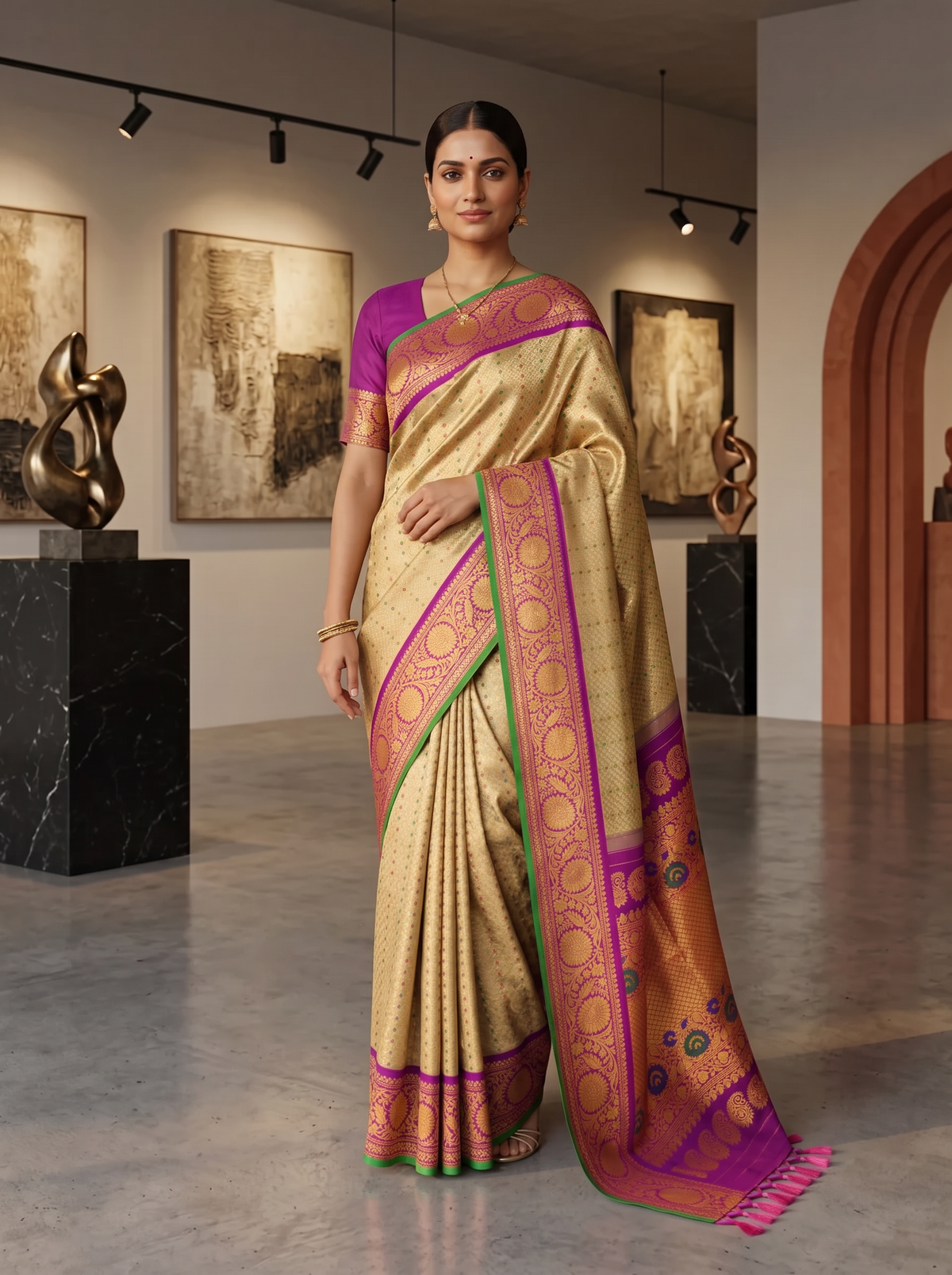 Gold-beige brocade melting into royal purple. A Kanchi-style border strewn with jewel-bright meenakari paisleys. Handwoven Gadwal silk from Telangana, as timeless as the looms that made it.