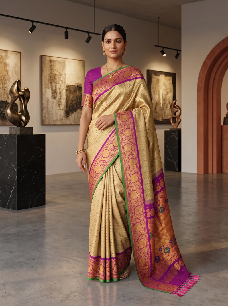 Gold-beige brocade melting into royal purple. A Kanchi-style border strewn with jewel-bright meenakari paisleys. Handwoven Gadwal silk from Telangana, as timeless as the looms that made it.