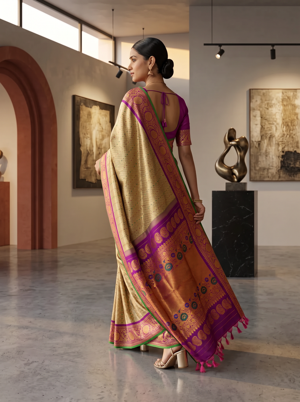 Gold-beige brocade melting into royal purple. A Kanchi-style border strewn with jewel-bright meenakari paisleys. Handwoven Gadwal silk from Telangana, as timeless as the looms that made it.