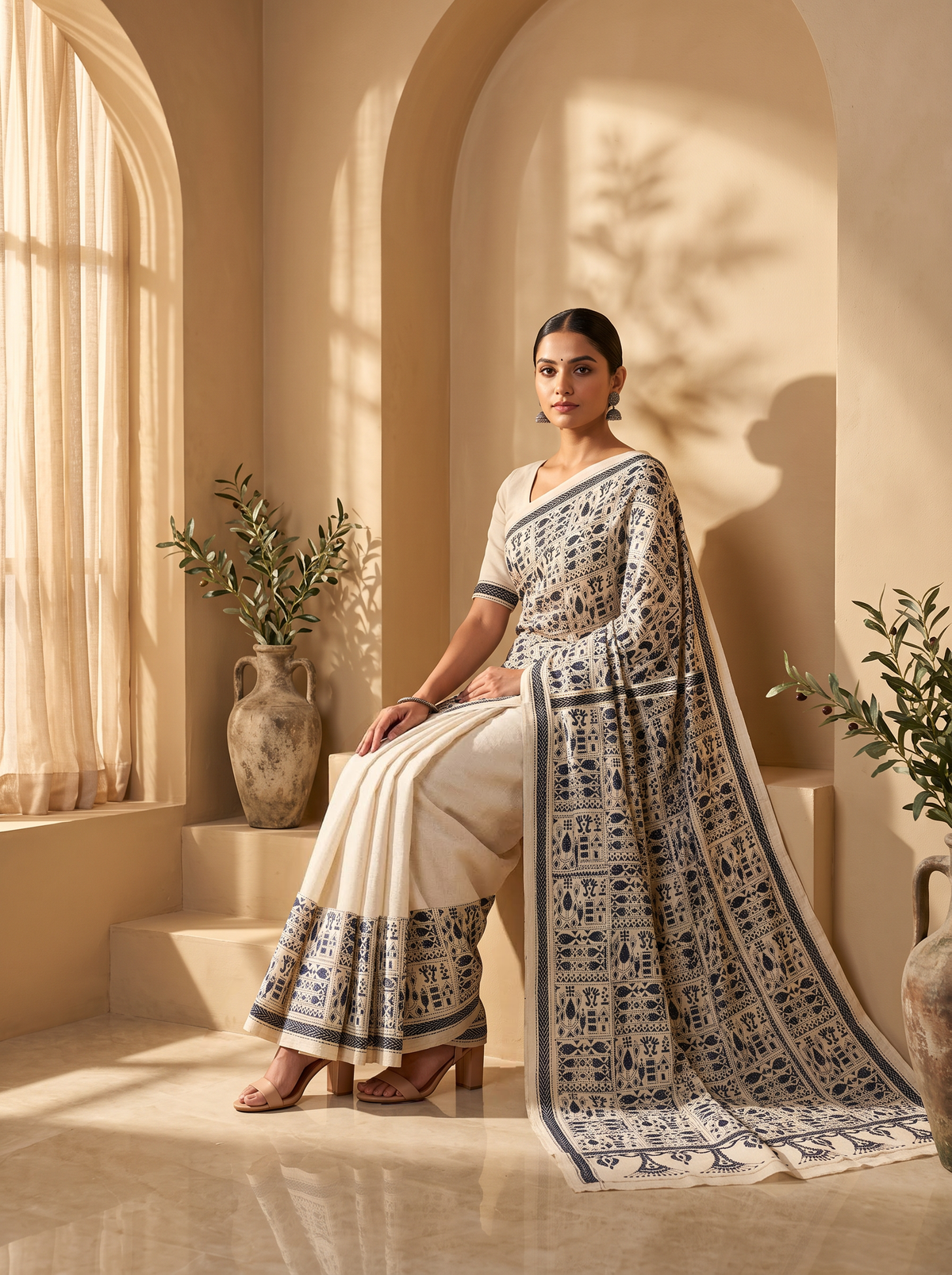 Earthy ivory silk meets the deep drama of black thread. This pure Gachi Tussar carries elaborate hand-stitched Kantha, where light and shadow dance across every fold.