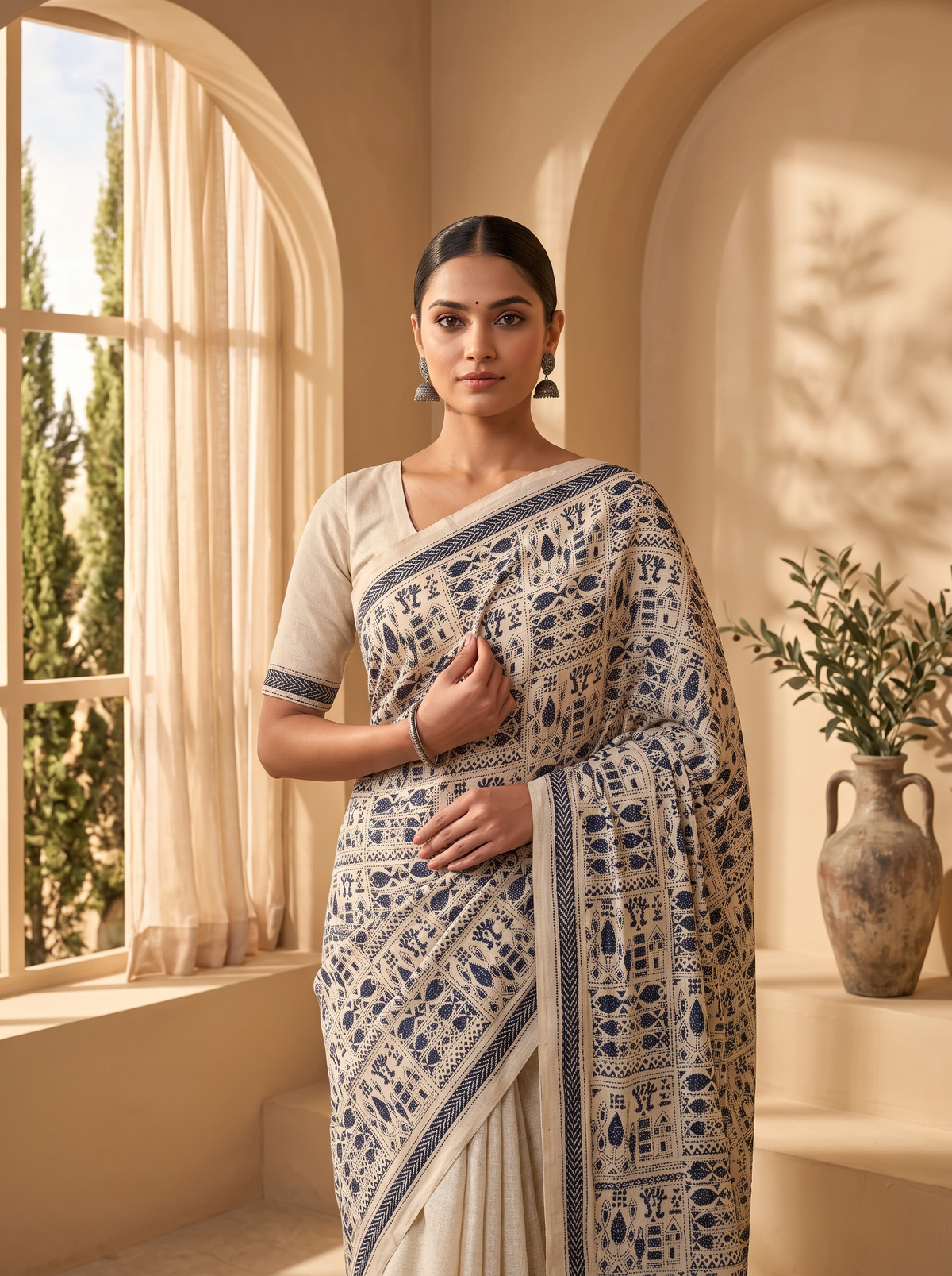 Earthy ivory silk meets the deep drama of black thread. This pure Gachi Tussar carries elaborate hand-stitched Kantha, where light and shadow dance across every fold.