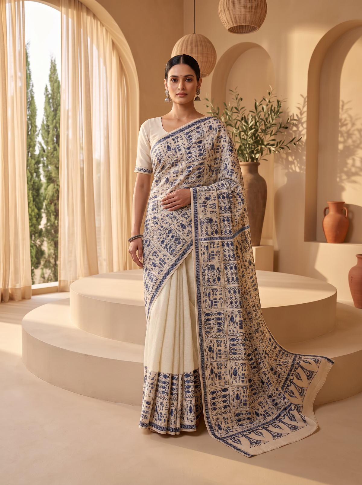 Earthy ivory silk meets the deep drama of black thread. This pure Gachi Tussar carries elaborate hand-stitched Kantha, where light and shadow dance across every fold.