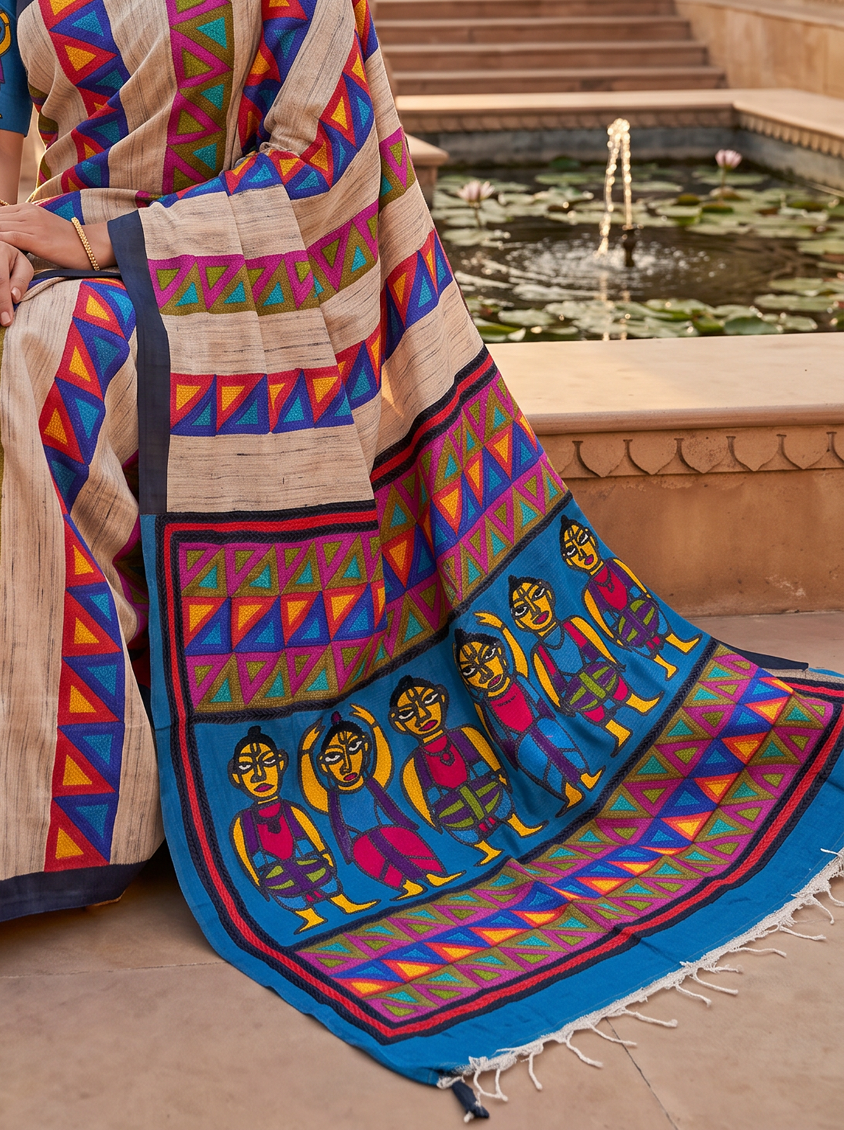 Beige-gold Tussar meets a slate blue field, where hand-stitched folk figures dance in rows, framed by bright bands of geometric triangles. Silk Mark certified handcrafted Tussar silk Kantha.