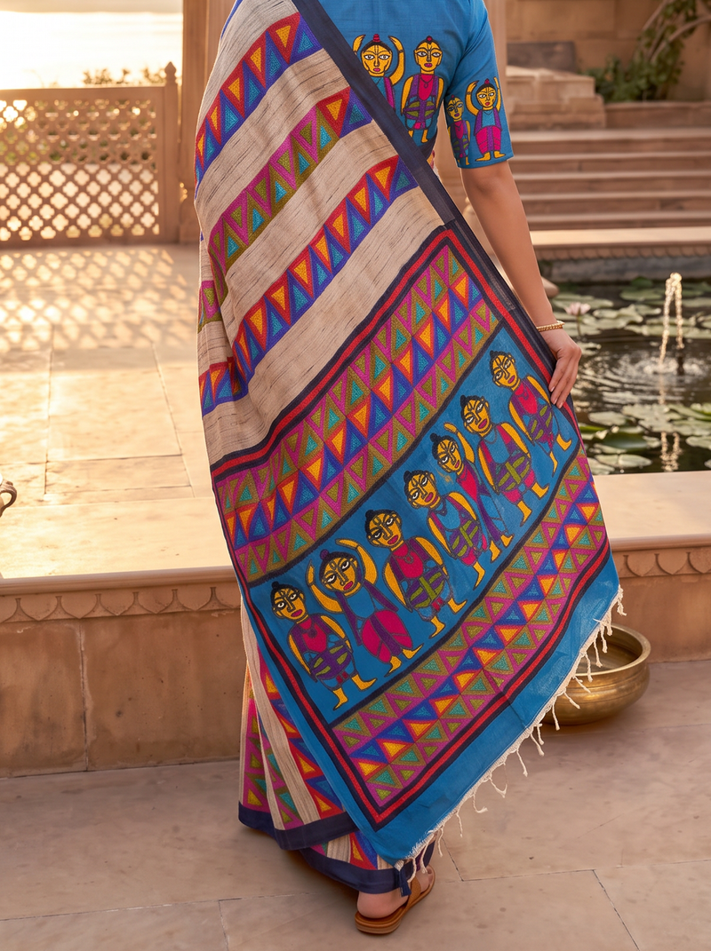 Beige-gold Tussar meets a slate blue field, where hand-stitched folk figures dance in rows, framed by bright bands of geometric triangles. Silk Mark certified handcrafted Tussar silk Kantha.