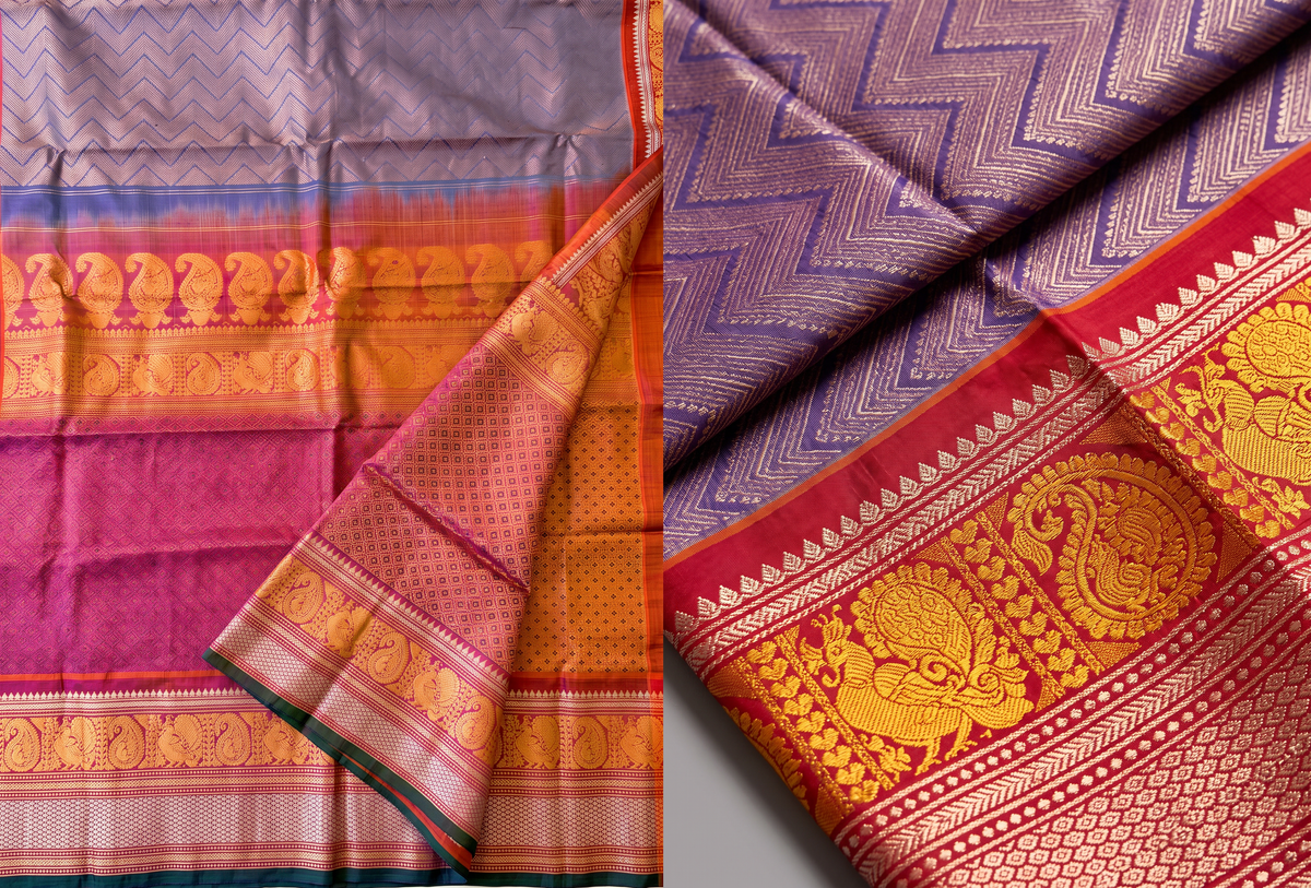 Lavender melting slowly into rust, like dusk settling over the hills. A brocade body framed by a Kanchi-style rust border, where gold peacocks and paisleys shimmer. Handloom Gadwal.