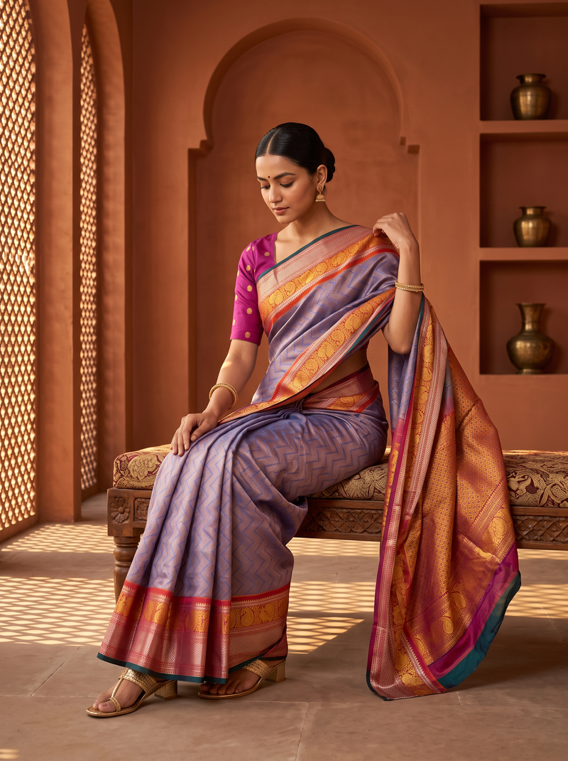 Lavender melting slowly into rust, like dusk settling over the hills. A brocade body framed by a Kanchi-style rust border, where gold peacocks and paisleys shimmer. Handloom Gadwal.