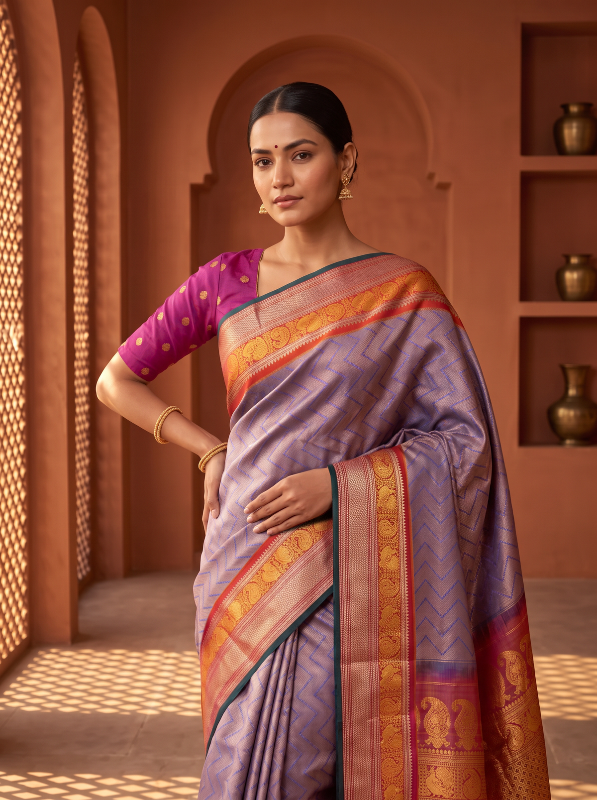 Lavender melting slowly into rust, like dusk settling over the hills. A brocade body framed by a Kanchi-style rust border, where gold peacocks and paisleys shimmer. Handloom Gadwal.