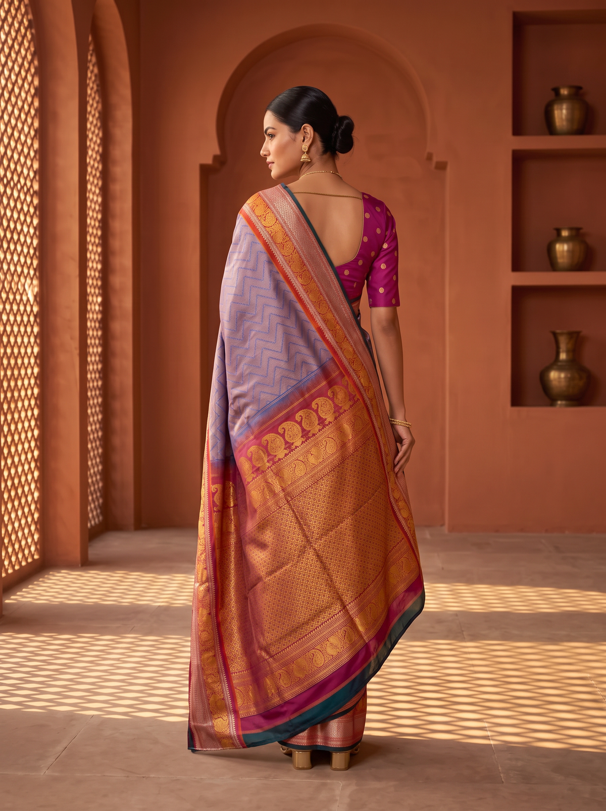 Lavender melting slowly into rust, like dusk settling over the hills. A brocade body framed by a Kanchi-style rust border, where gold peacocks and paisleys shimmer. Handloom Gadwal.