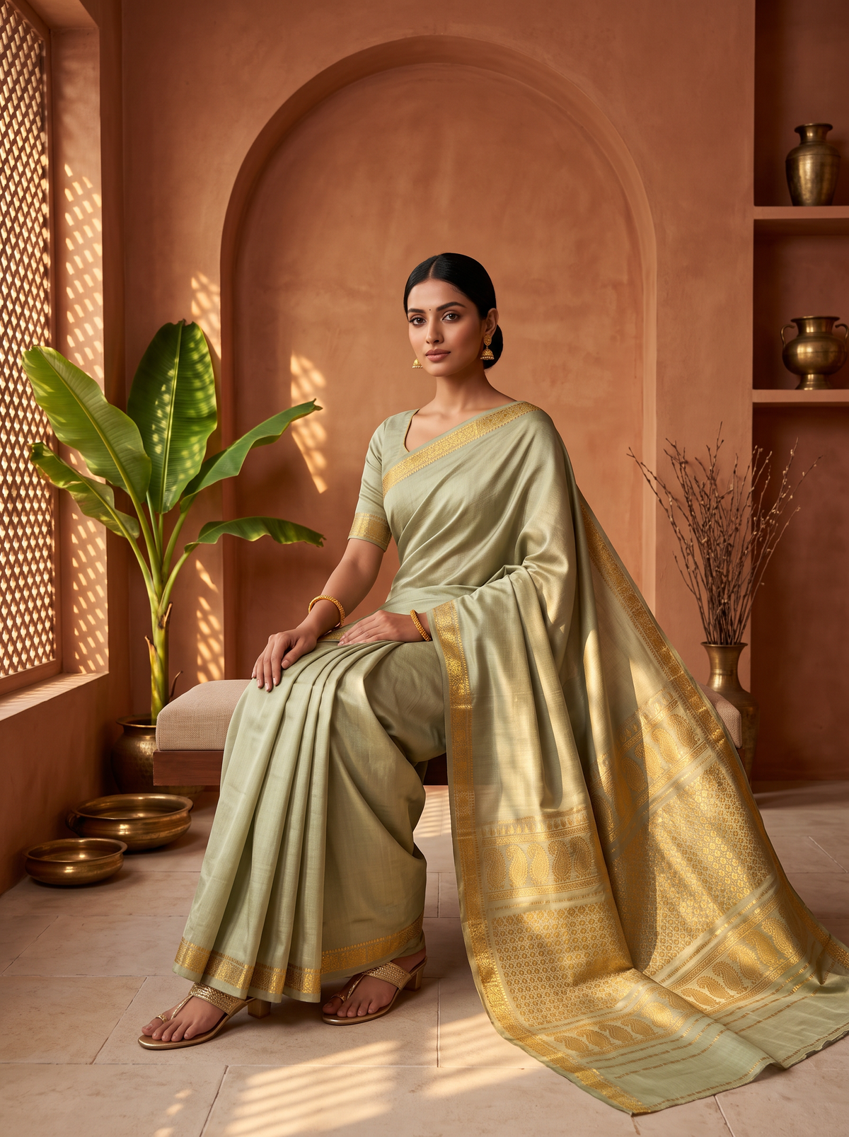 Quiet olive, glorious gold. A pure silk Gadwal with delicate zari borders and a richly woven pallu. Silk Mark certified.