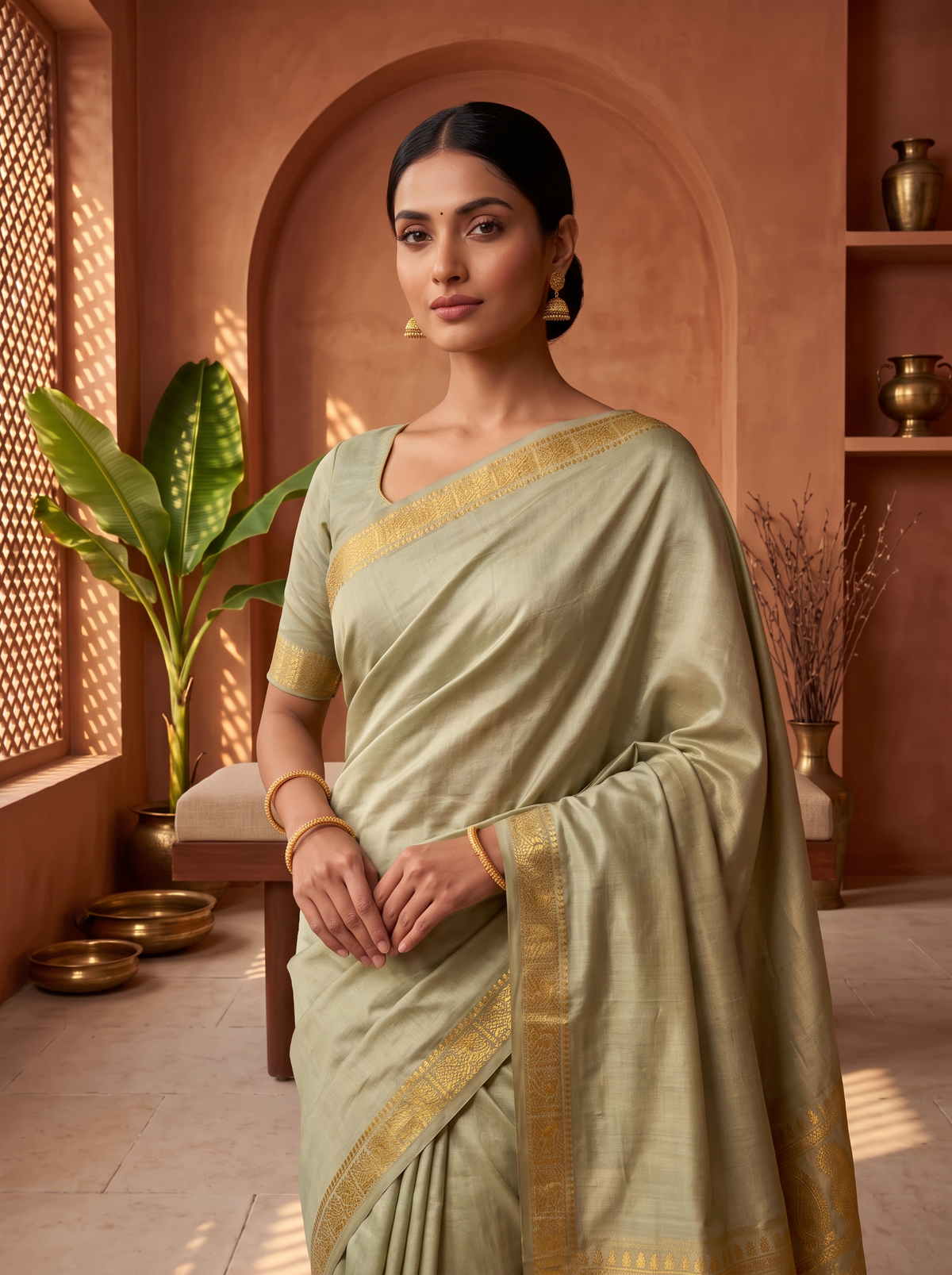 Quiet olive, glorious gold. A pure silk Gadwal with delicate zari borders and a richly woven pallu. Silk Mark certified.