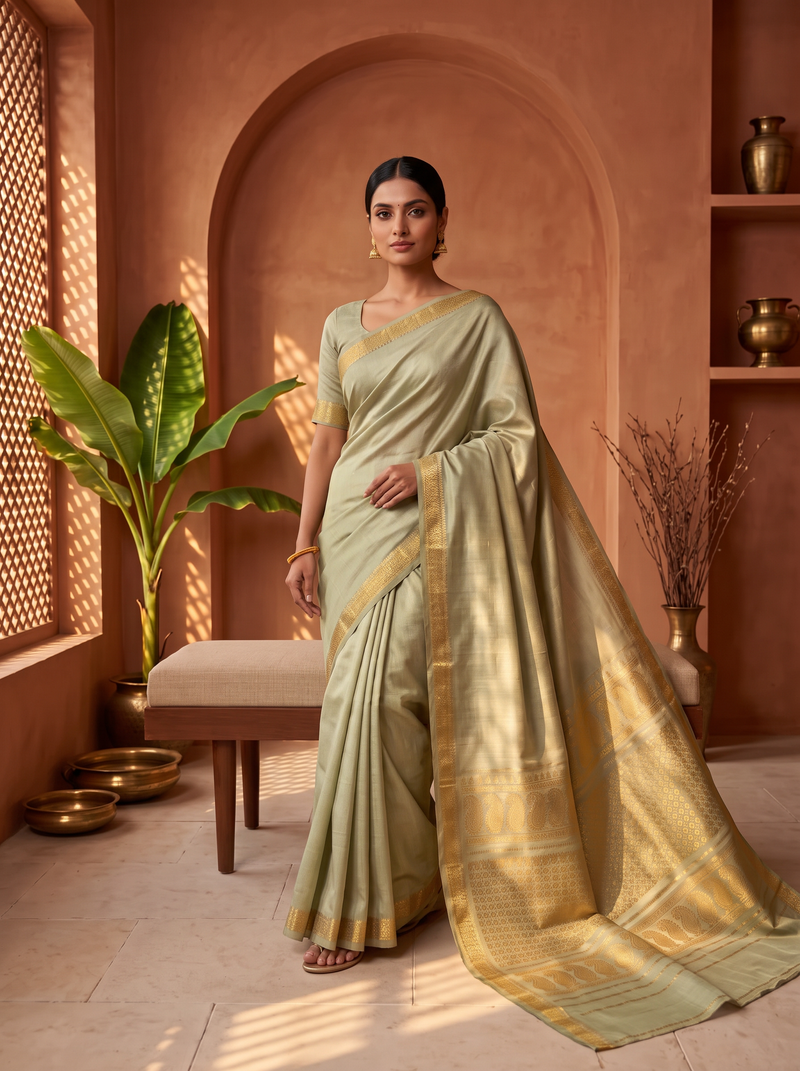 Quiet olive, glorious gold. A pure silk Gadwal with delicate zari borders and a richly woven pallu. Silk Mark certified.