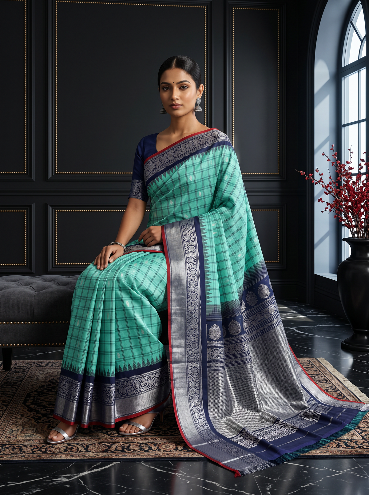 Like a lotus pond under moonlight, sea green silk shimmers with silver butas and fine checks, meeting navy depths and a silver tissue pallu full of zari blossoms. Handloom Gadwal.