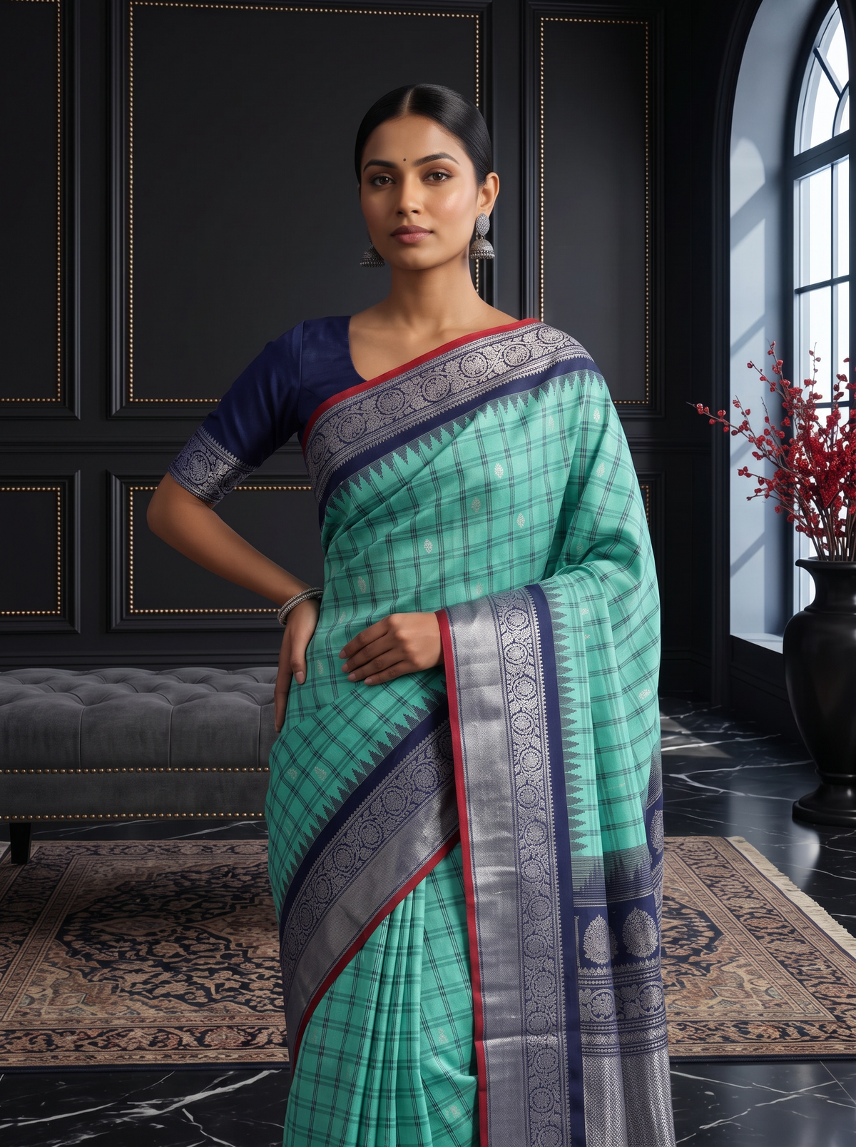 Like a lotus pond under moonlight, sea green silk shimmers with silver butas and fine checks, meeting navy depths and a silver tissue pallu full of zari blossoms. Handloom Gadwal.