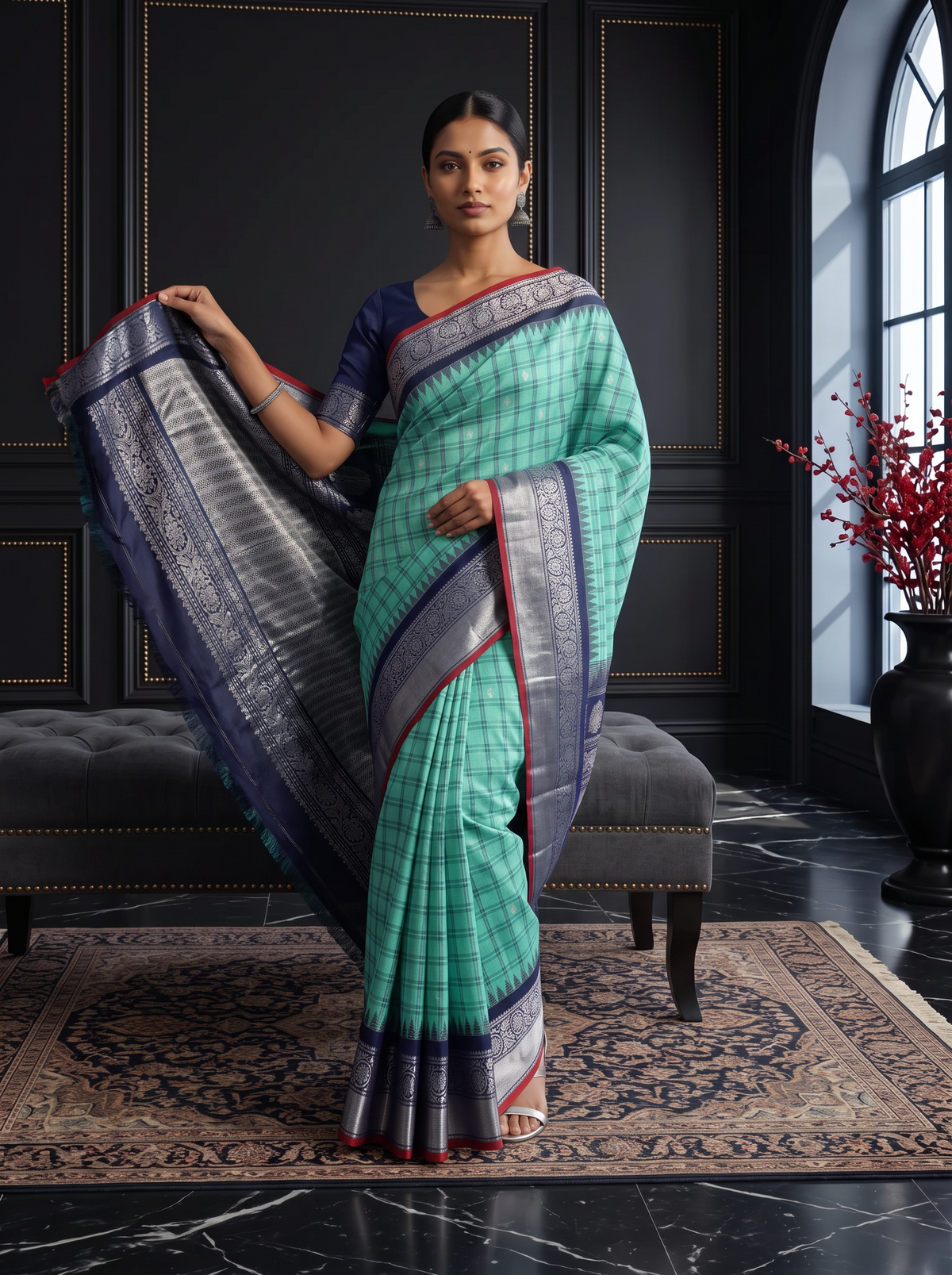 Like a lotus pond under moonlight, sea green silk shimmers with silver butas and fine checks, meeting navy depths and a silver tissue pallu full of zari blossoms. Handloom Gadwal.