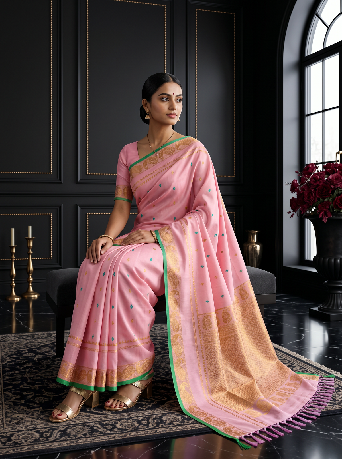 A blush of pink, a sprinkle of gold and teal, and peacocks in shimmering zari dancing along a green edge. Pure silk Gadwal, handwoven with love in Telangana.