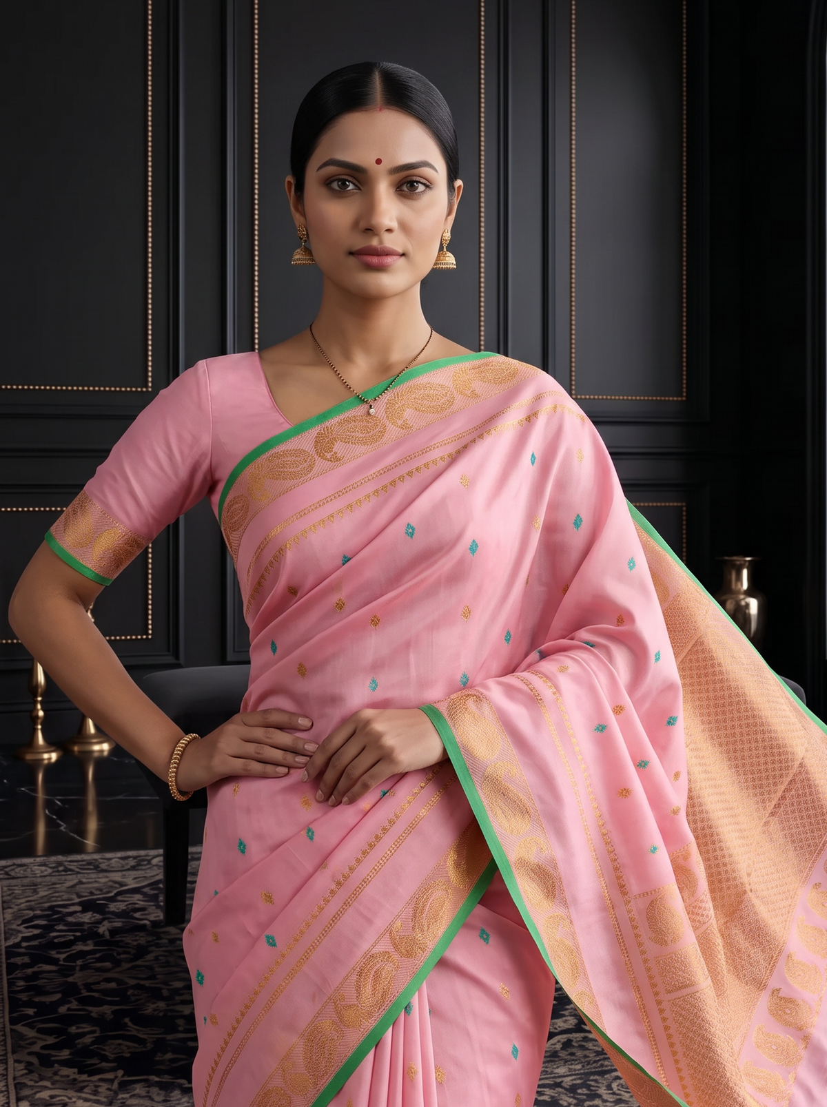 A blush of pink, a sprinkle of gold and teal, and peacocks in shimmering zari dancing along a green edge. Pure silk Gadwal, handwoven with love in Telangana.