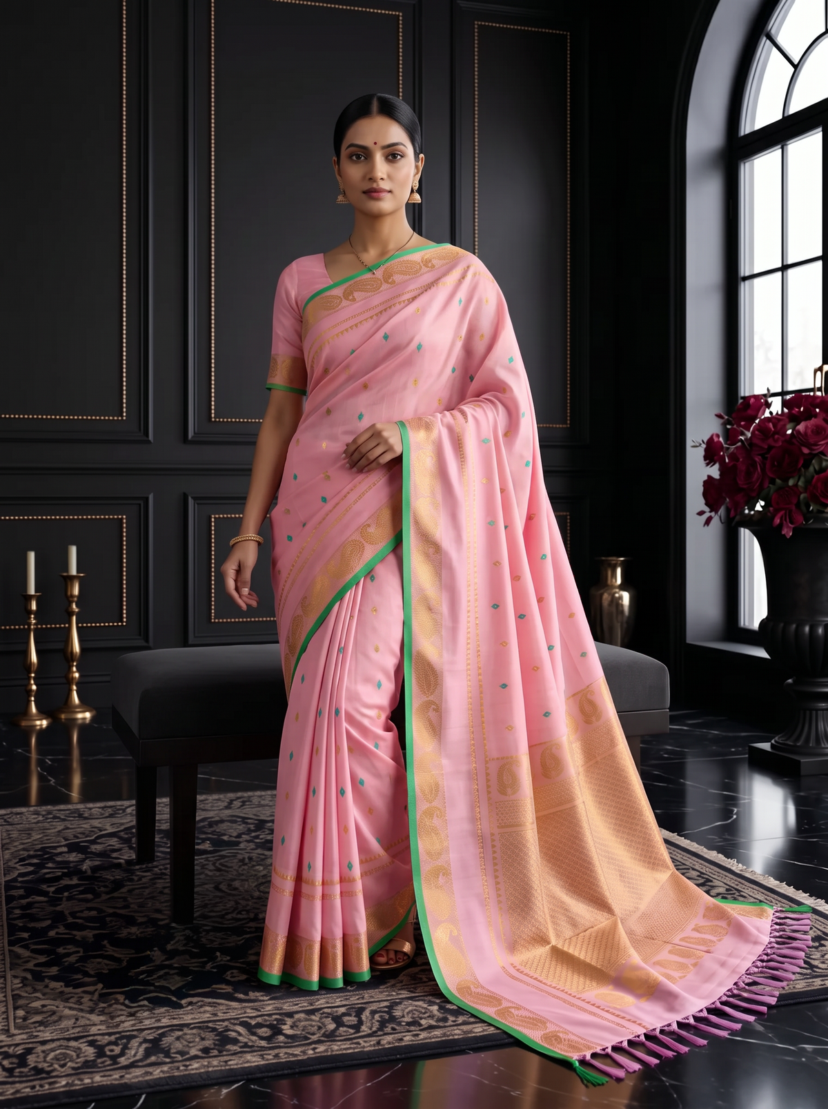 A blush of pink, a sprinkle of gold and teal, and peacocks in shimmering zari dancing along a green edge. Pure silk Gadwal, handwoven with love in Telangana.