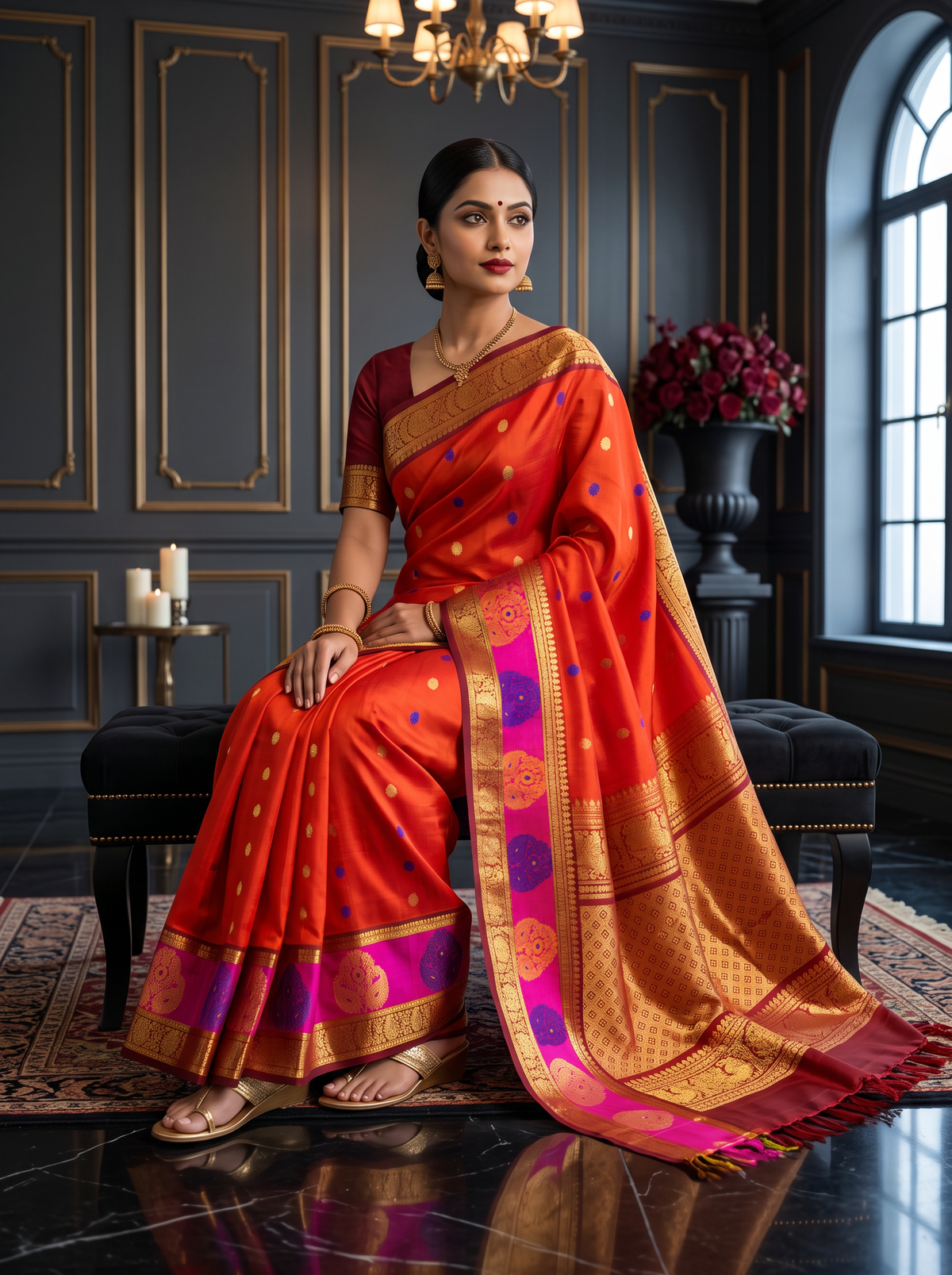 Like a marigold in full bloom, this orange Gadwal silk glows with gold and blue butis. A pink-edged maroon border holds it close, and the pallu shines in rich gold zari.