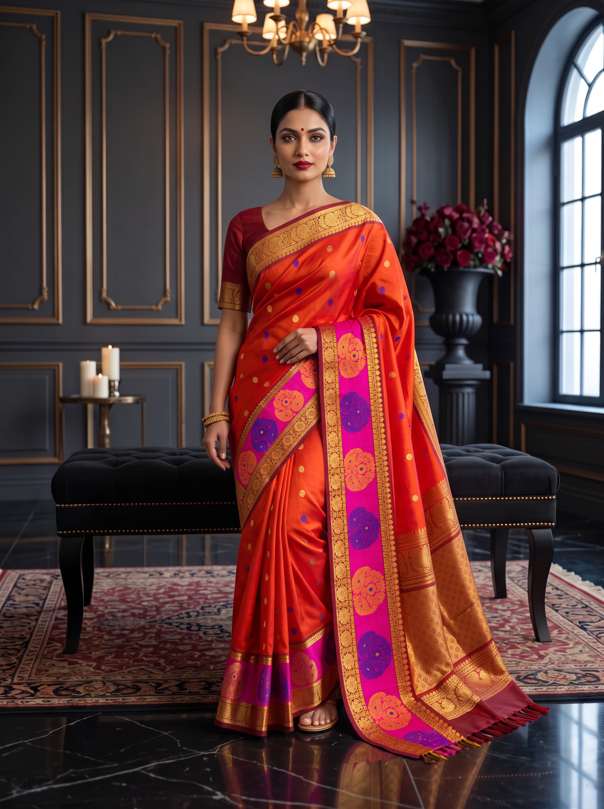 Like a marigold in full bloom, this orange Gadwal silk glows with gold and blue butis. A pink-edged maroon border holds it close, and the pallu shines in rich gold zari.