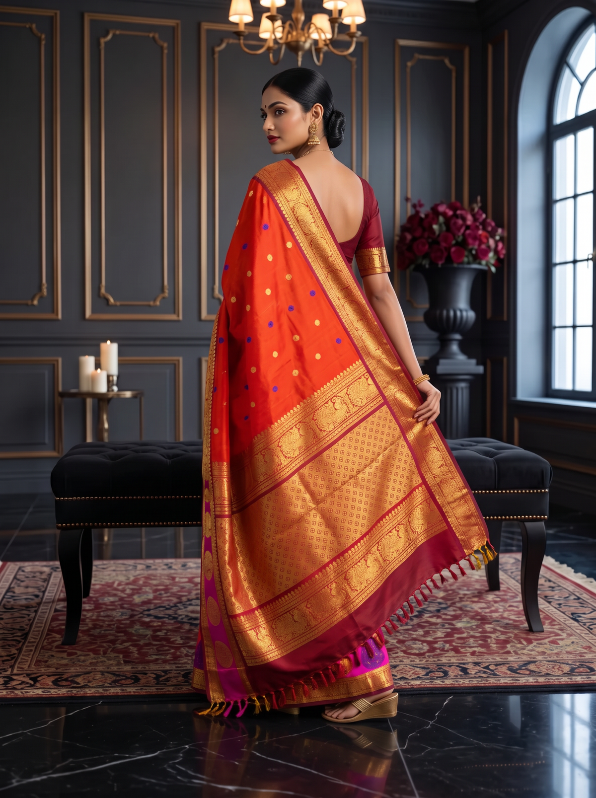Like a marigold in full bloom, this orange Gadwal silk glows with gold and blue butis. A pink-edged maroon border holds it close, and the pallu shines in rich gold zari.