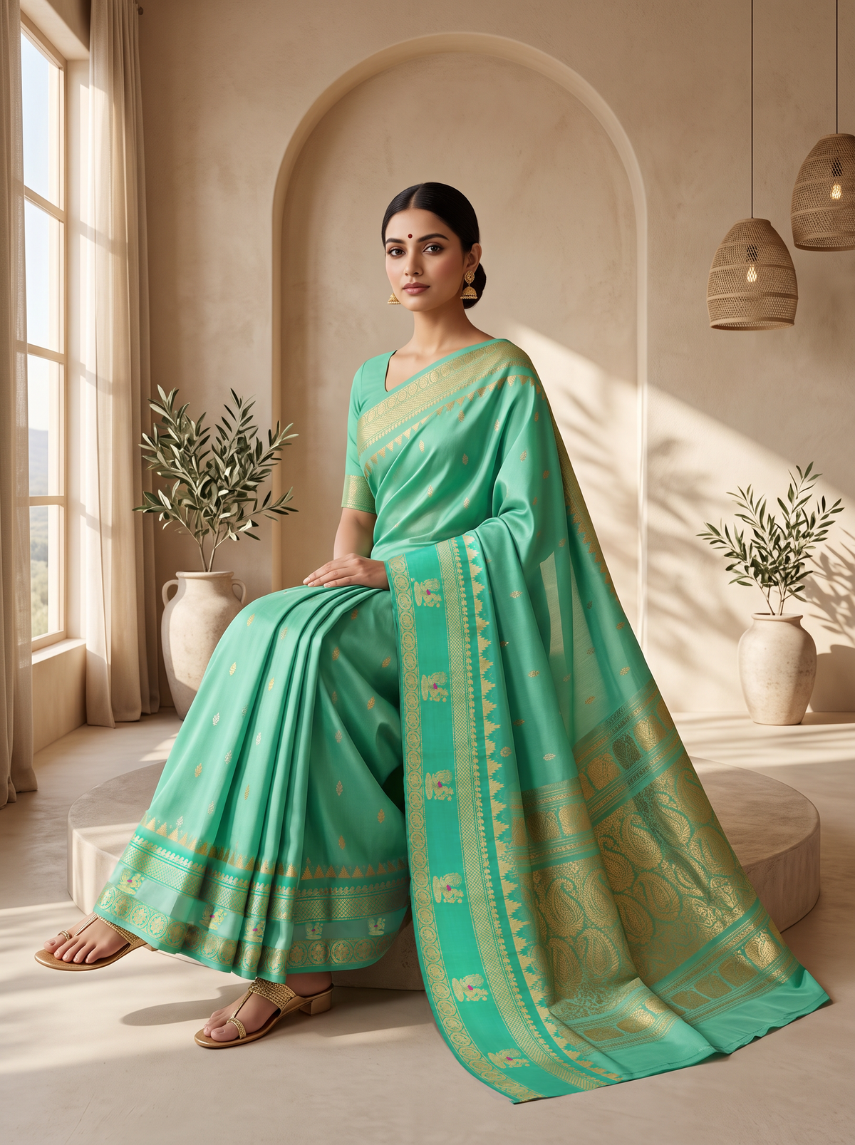Serene green handloom Gadwal silk, sprinkled with gold and silver butis like stars on a quiet evening.