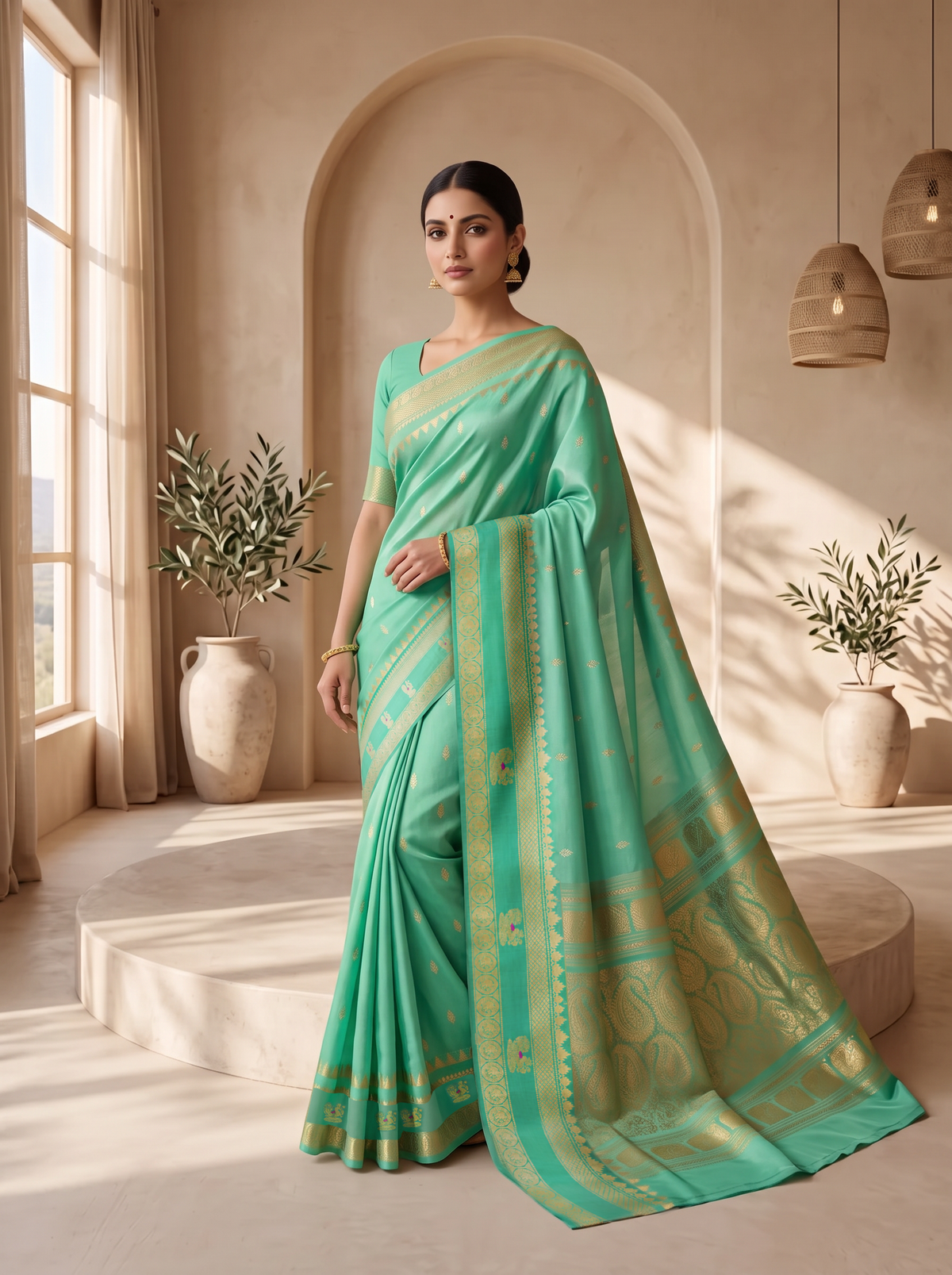 Serene green handloom Gadwal silk, sprinkled with gold and silver butis like stars on a quiet evening.