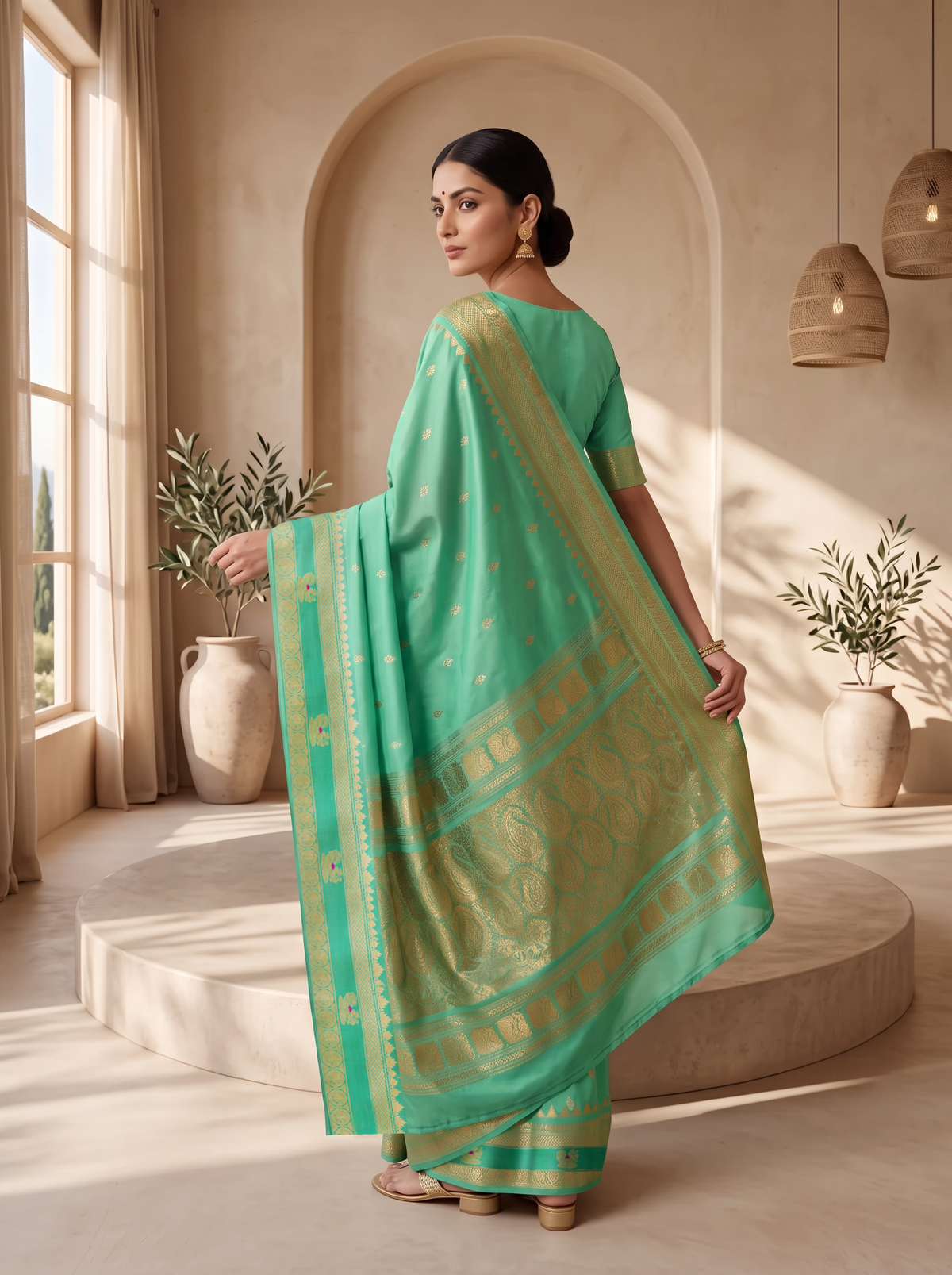 Serene green handloom Gadwal silk, sprinkled with gold and silver butis like stars on a quiet evening.