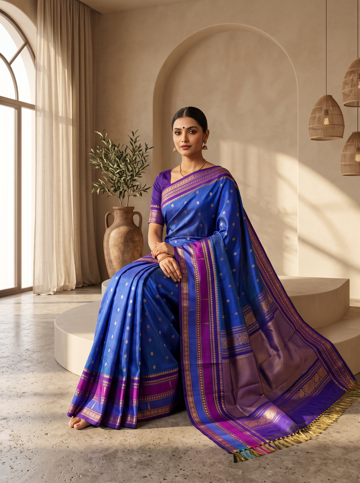 Like a clear midnight sky sprinkled with golden stars, this blue Gadwal silk is edged with peacocks and a blush of pink, finishing in a pallu rich with gold zari.